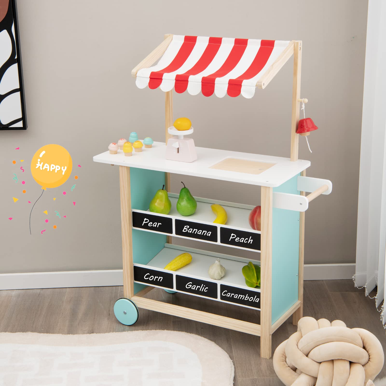 HOMASIS Gelato Truck per Bambini, Negozio di Giocattoli con 6 Gelati, Gelateria con Ruote e Tenda Regolabile, Carrello della Spesa in legno, Set di Bancarella Gioca per Bambini, 3+ Anni (Rosso)