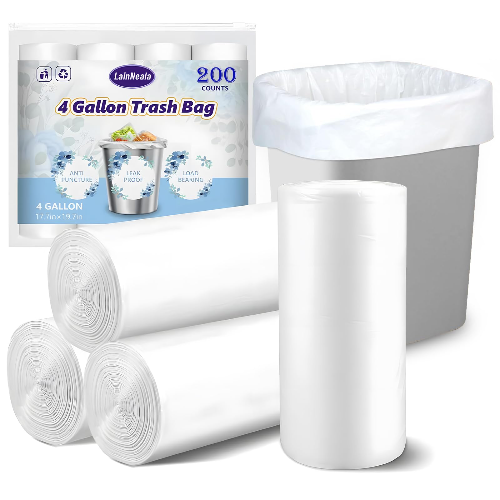 Small Trash Bags 4 Gallon, 200 Count Small Garbage Bag Bathroom White Mini Trash Bag Trash Can Liners Unscented Garbage Bags for Bathroom Can