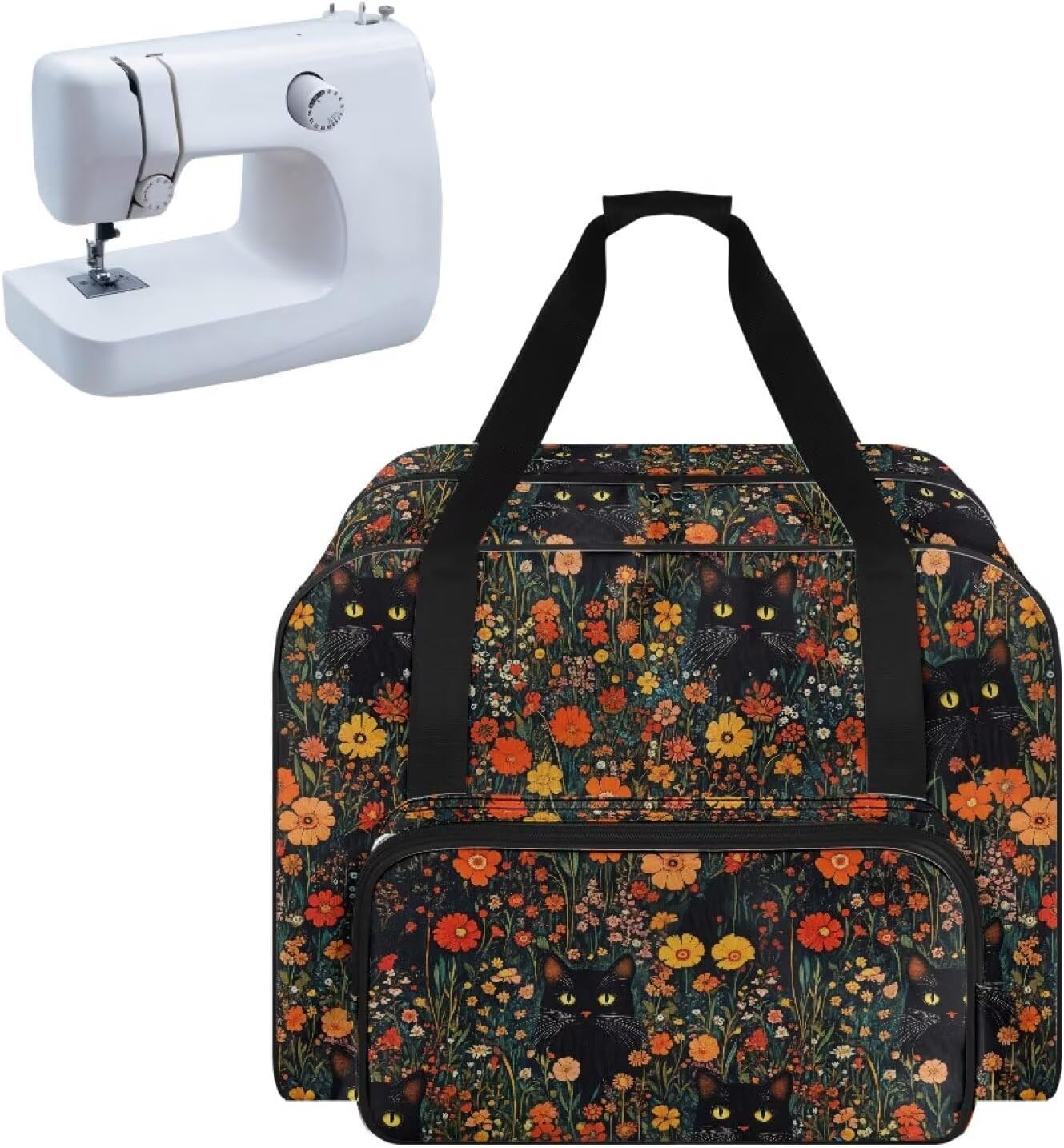 Sewing Machine Carrying Case,Black Cat Colored Flowers Carry Tote Bag with Handle,Portable Padded Storage Dust Cover with Pocket for Sewing Machine and Accessories