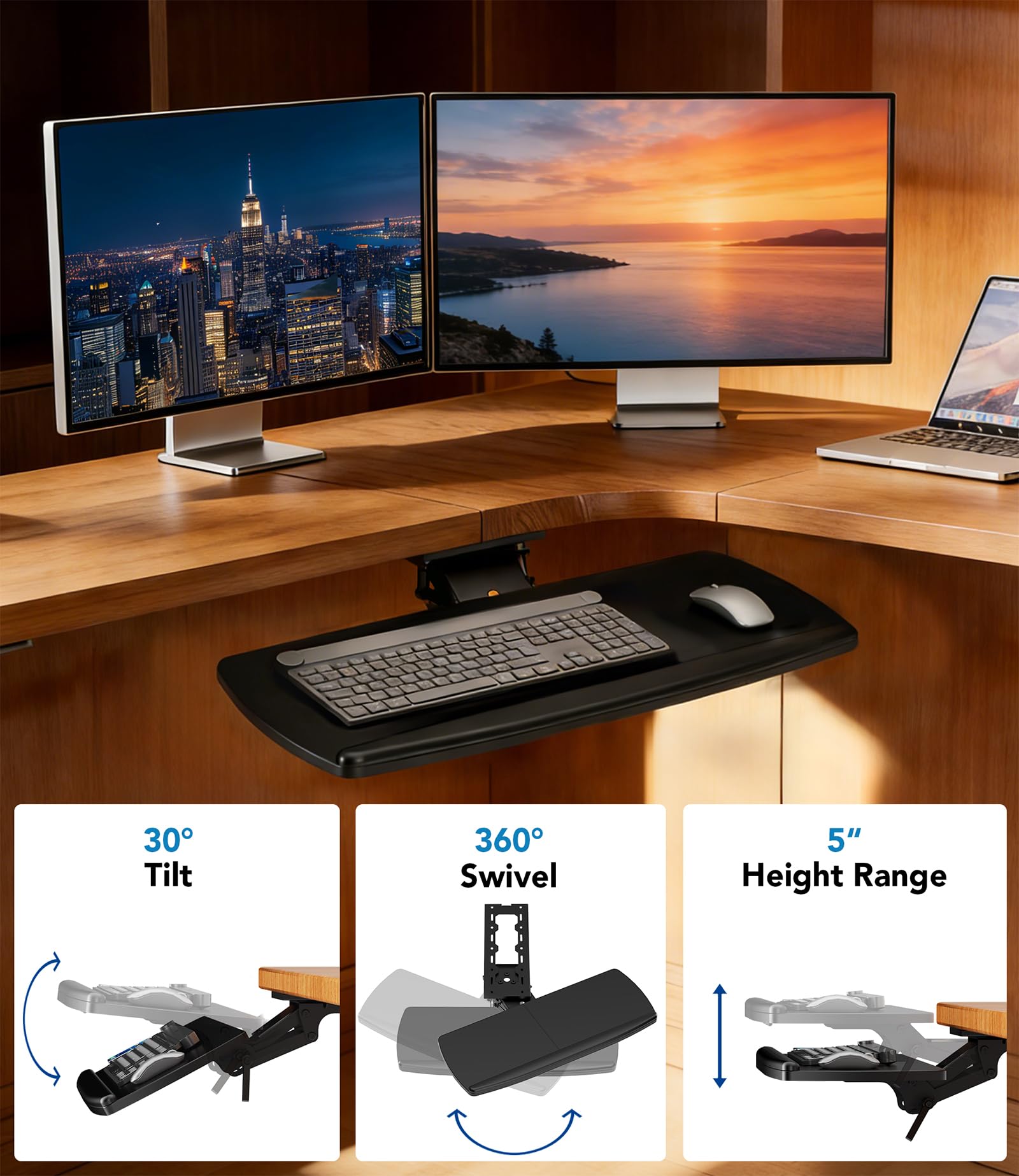 AX WABER Support pour clavier et souris sous le bureau avec tiroir de rangement, hauteur réglable, pivotant et inclinable à 360°, ergonomique, adapté au gaming et au travail de bureau, noir