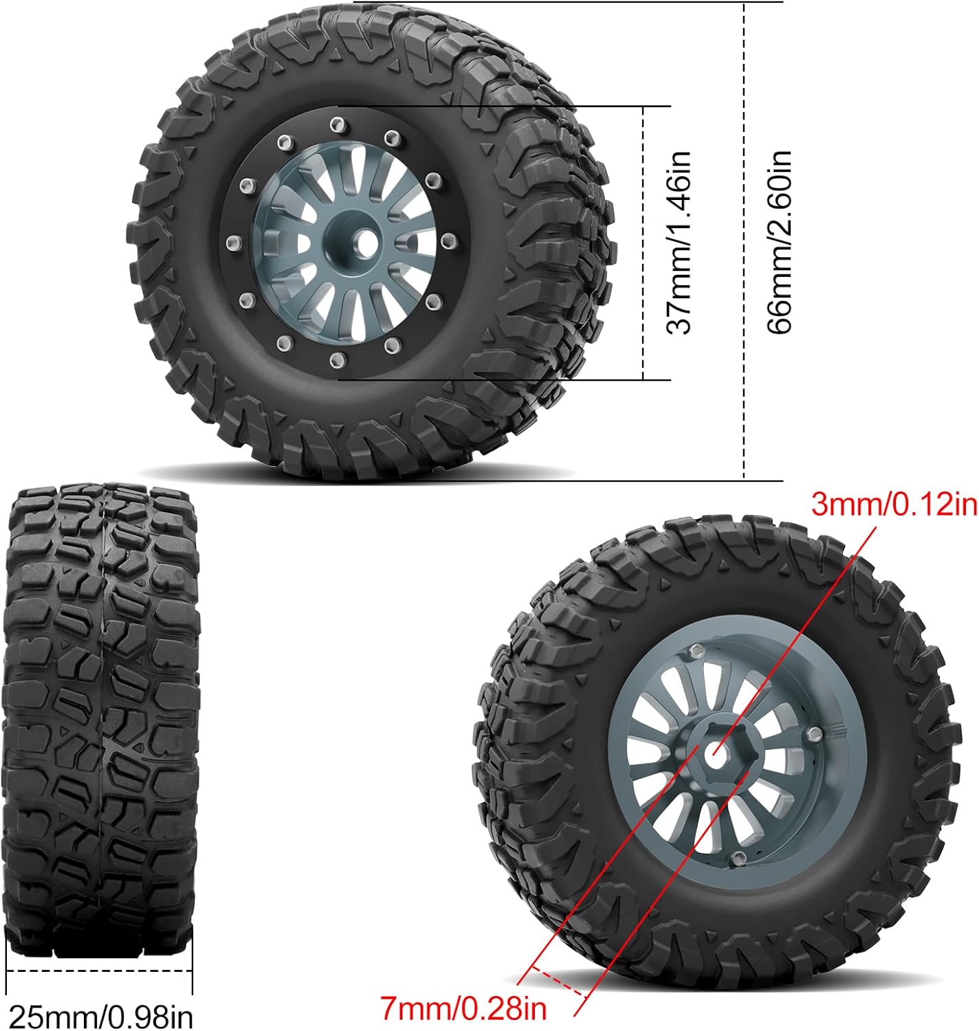 OGRC 1.3" Wheel Tires Super Soft and Sticky Tires RC Crawler Tires with Aluminum Wheels for TRX4M SCX24 1/18 1/24 RC Crawler Car - 66 * 25mm (B-Titanium)