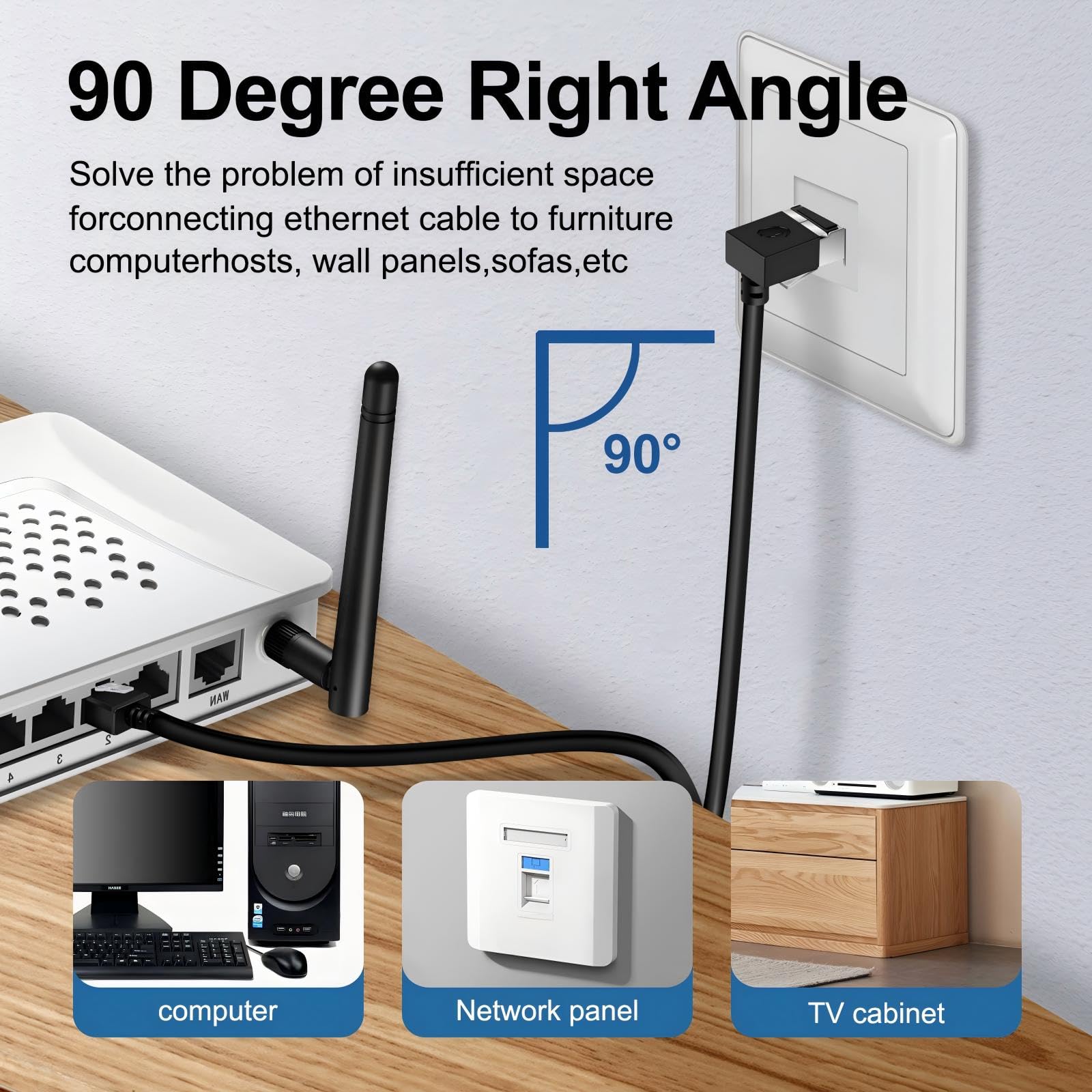 Cavo Ethernet Flessibile Cat 6 con Angolo 270° verso l'Alto 1m 2 Pezzi, Ultra Sottile e Compatto RJ45 Cat 6a Cavo LAN Gigabit per PC, Router, Windows (Nero)