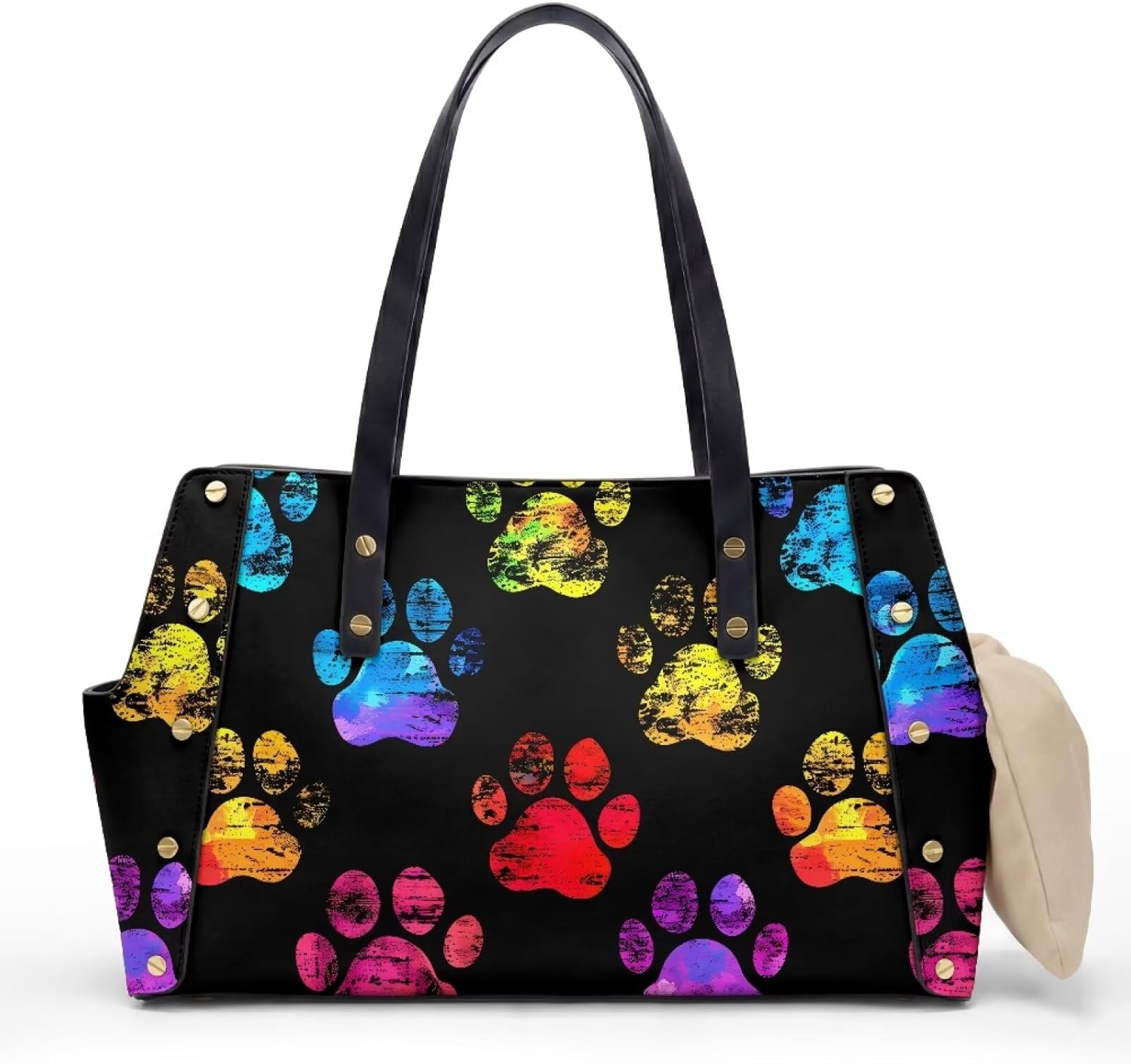 COEQINE Rainbow Paw Prints Puppy Purse Carrier for Small Dogs 0-15 Ibs Leather Shoulder Bag for Women Black Pet Travel Bag for Beach Travel Pack,15x9x6 in
