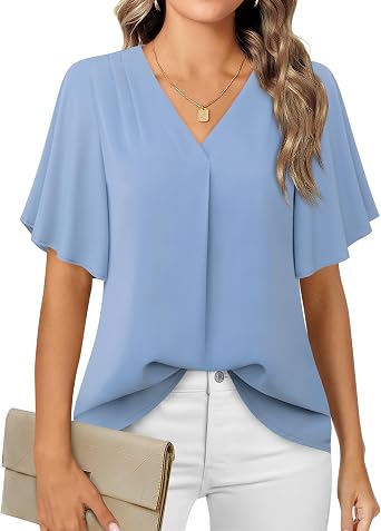 Timeson Womens Blouses for Work Professional Summer - Short Sleeve Blouses for Women - Womens Business Attire Office Shirts Chiffon Tunics Tops Ladies V Neck Dressy Casual Clothes Blue Gray