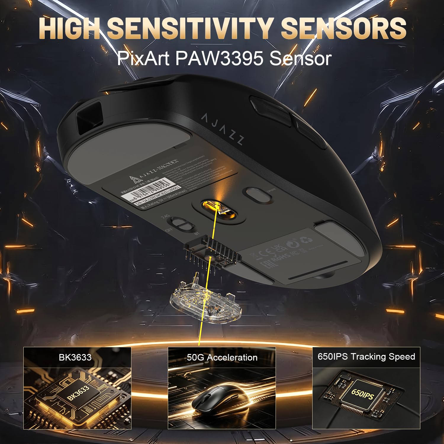 A.JAZZ AJ159 V2 Souris Gaming Sans Fil Ultra Légère À Batterie Remplaçable À Chaud, Deux Batteries 300mAh Et Station De Charge, 54g Léger, Capteur PAW3395, 32000 DPI Compatible PC Et Mac (Noir)