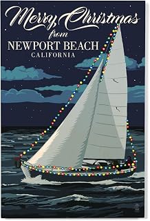 Lantern Press 12x18 Inch Premium Wood Sign, Ready to Hang Wall Decor, Merry Christmas from Newport Beach, California, Christmas Lights Sailboat