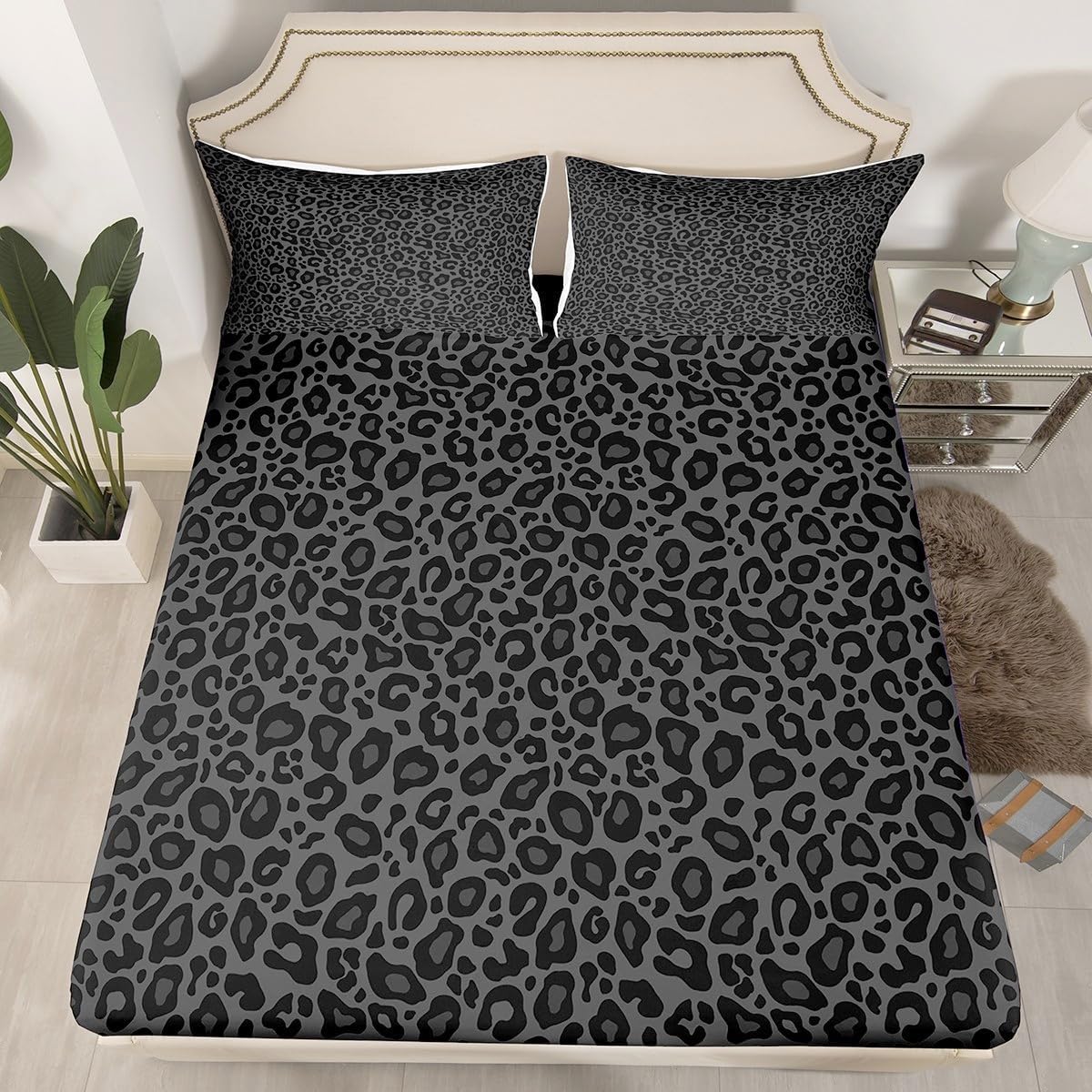 Castle Fairy Gray Wild Animal Skin Fitted Sheet Queen Size African Cheetah Wildlife Bedding Sheet Set,Leopard Print Bed Cover Ultra Soft Breathable Bedding 3 Pcs No Flat Sheet No Flat Sheet