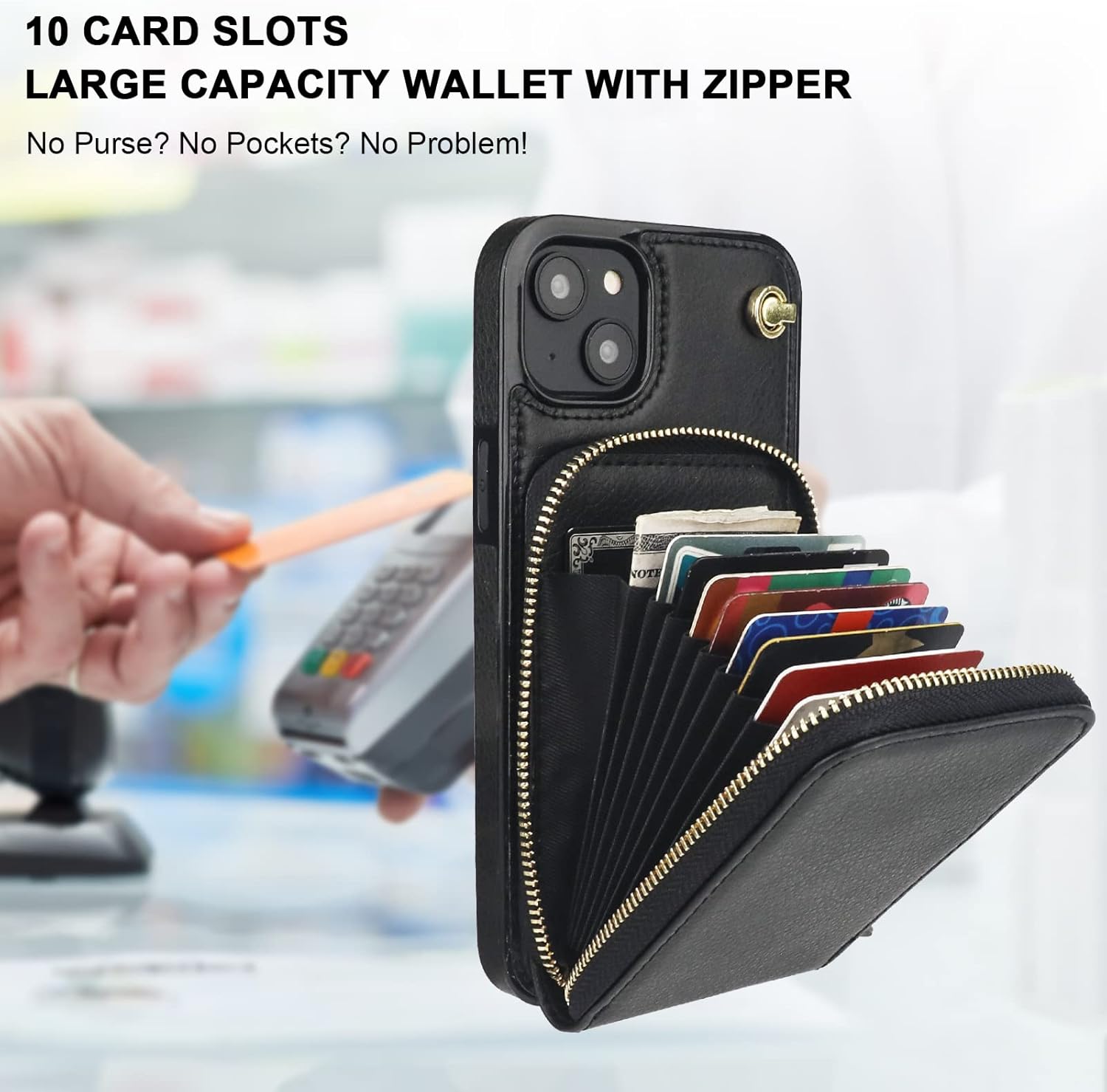 KIHUWEY Crossbody Wallet Case for iPhone 14 Plus, Zipper Pocket Case with Card Holder, PU Leather RFID Blocking Protective Cover Case with Kickstand Detachable Wrist Strap Lanyard 6.7" (Black)