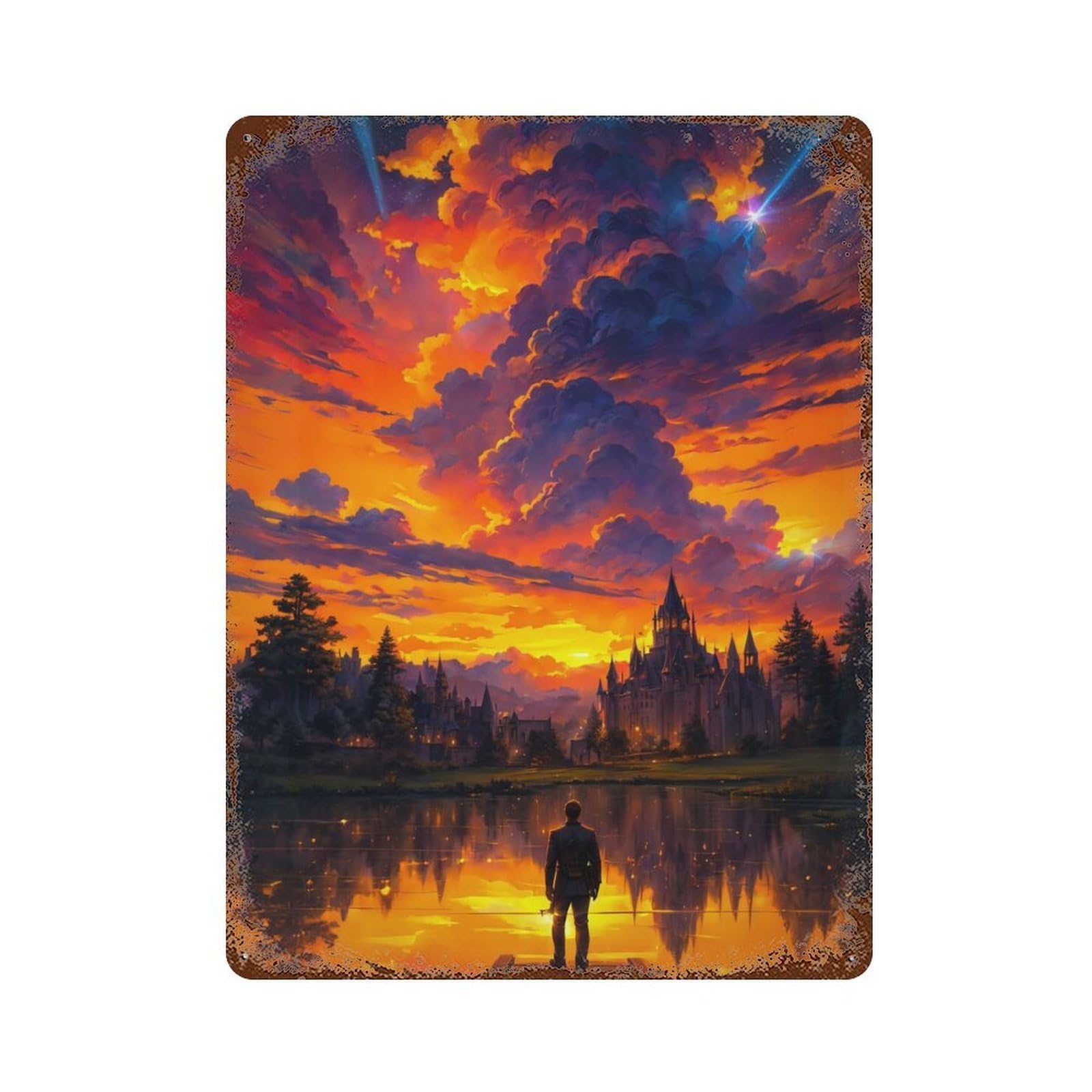 Fantasy Sunset Castle Rustic Tin Plaque 15.7"x11.8", for Living Room, Hallway And Home Decor, Decorative Metal Wall Art