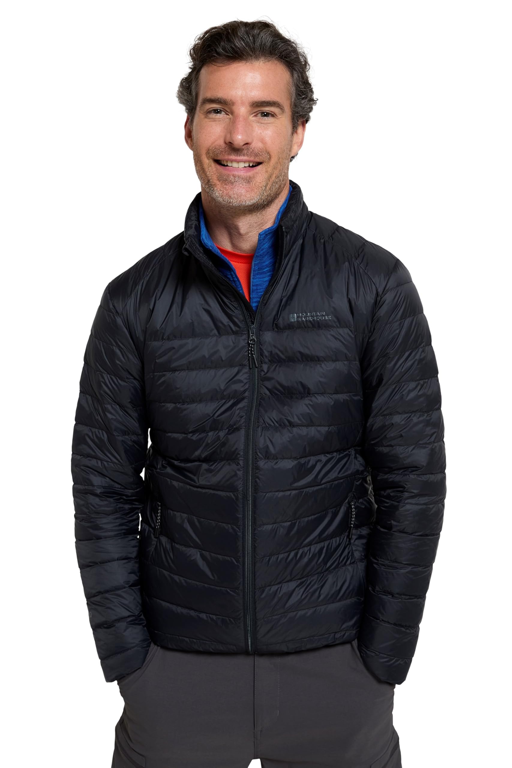Mountain Warehouse Featherweight Mens Down Jacket - Lightweight Winter Puffer Coat, Easy Care, Packaway Bag, Water Resistant - For Camping, Travelling & Walking Black XXS