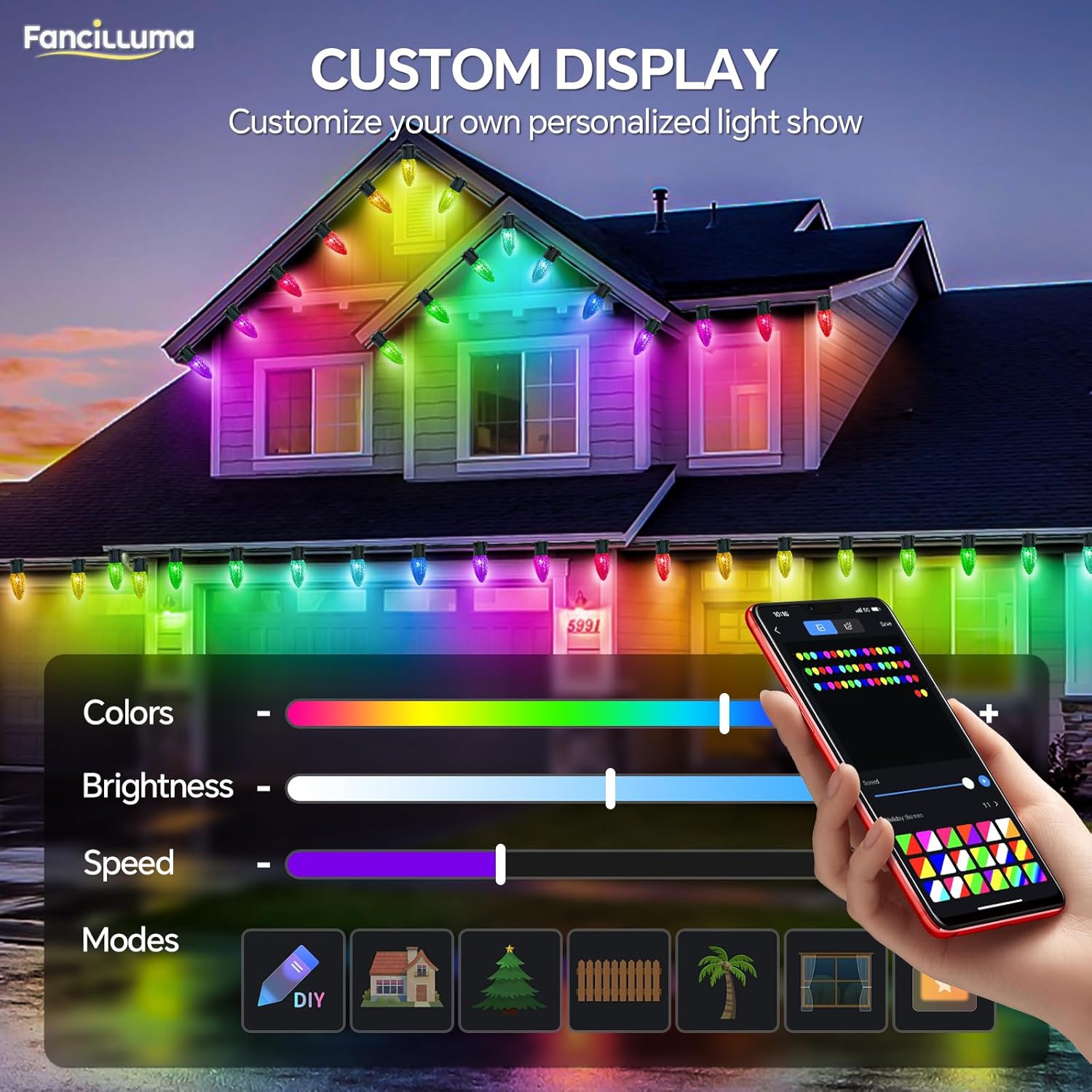 Smart C9 Christmas Lights Outdoor, 66FT 100 LED RGB Color Changing Christmas Lights, APP Remote Controlled Music Sync Waterproof Connectable String Lights for Indoor Outdoor Xmas Decor