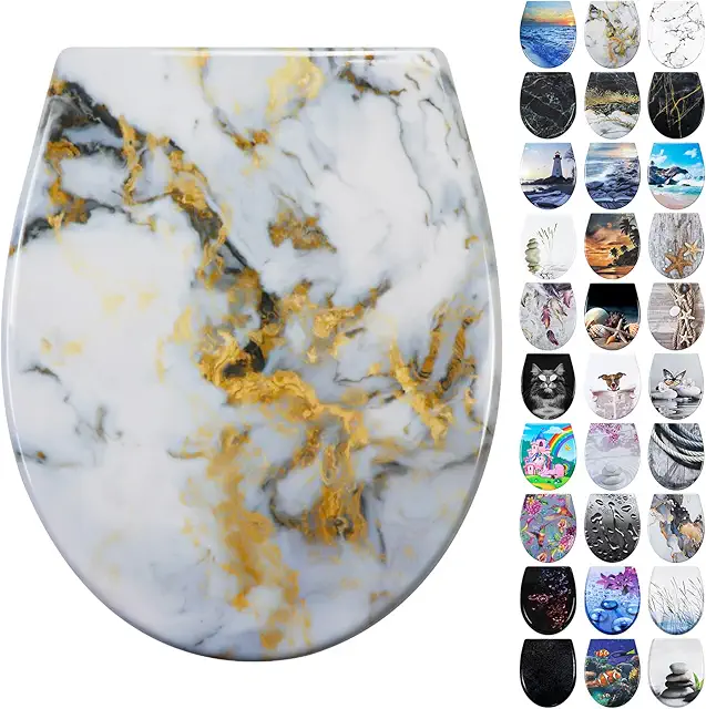 Fanmitrk Duroplast Toilet Seat with Soft-Close - Quick Release, Gold Marble (WC Bril Kopen)