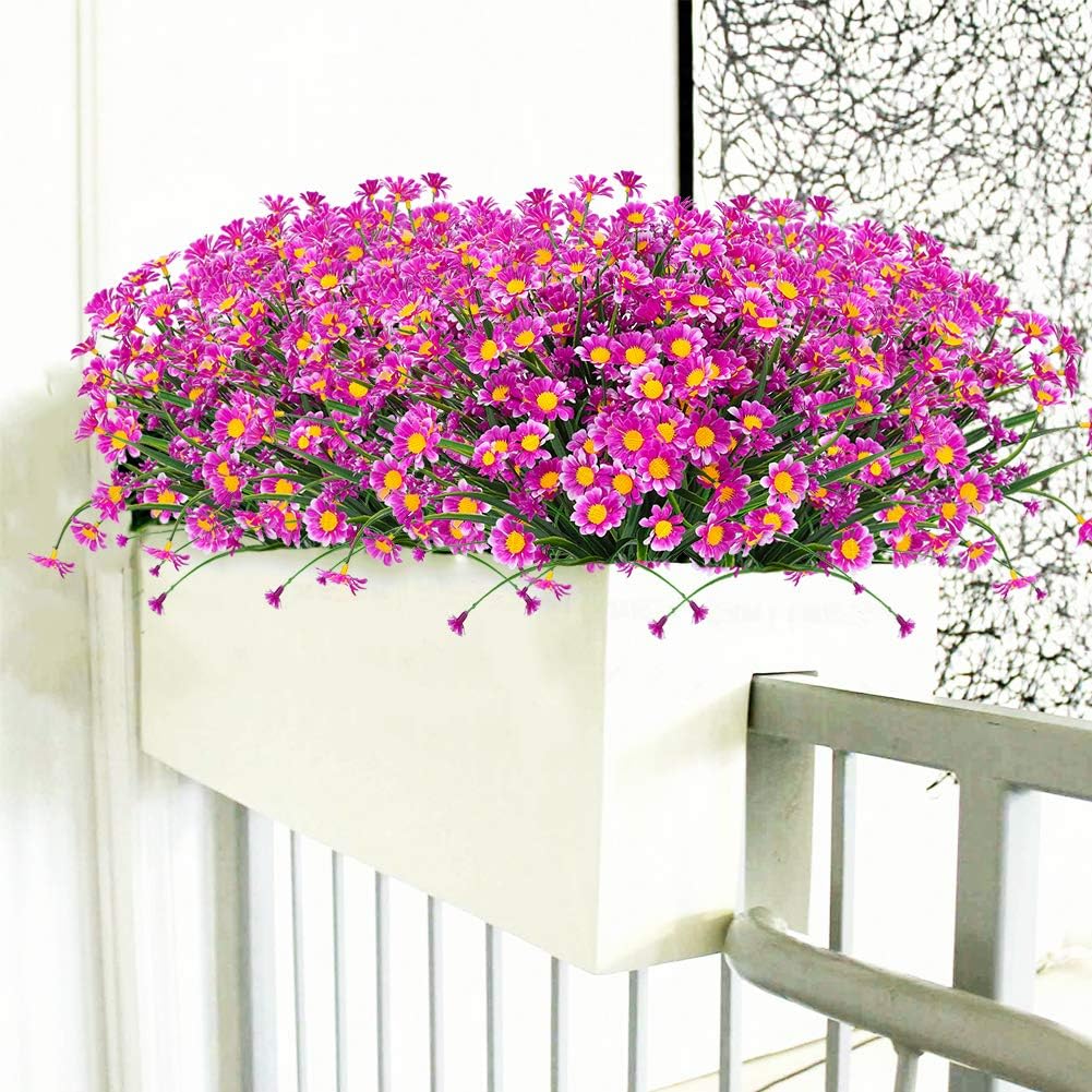 8 Bundles Artificial Daisies Flowers Outdoor UV Resistant Fake Foliage Greenery Faux Plants Shrubs Plastic Bushes for Window Box Hanging Planter Farmhouse Indoor Outside Decor(Fushia)