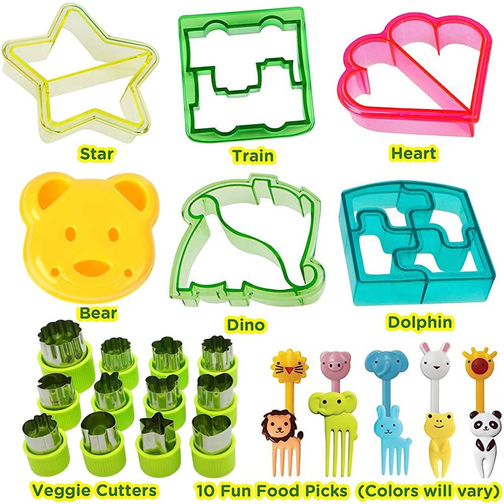 KAISHANE Sandwich Cutters for Children Vegetable Cutter Shapes Set of 28 Pieces - Animal Shapes: Dolphin Car Dinosaur Heart Star Bear Stainless Steel Fruit Cutters Fruit Picks for Kids Food