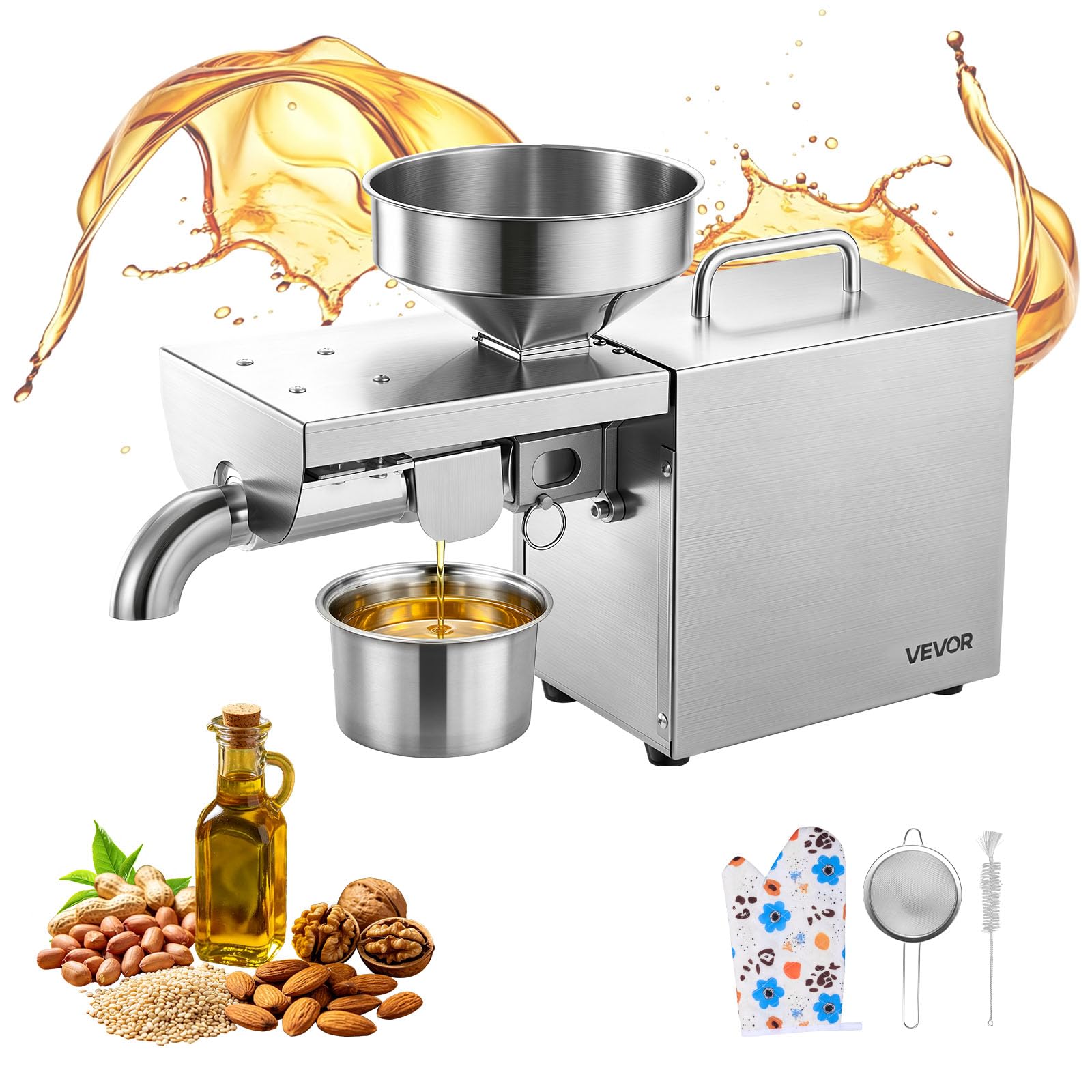 VEVOR Prensa de Aceite Eléctrica 700 W, Máquina de Prensado de Aceite 3,75 kg/h, Prensado en Caliente a 230 °C, Extractor de Acero Inoxidable, Uso Doméstico y Comercial, para Cacahuetes, Soja