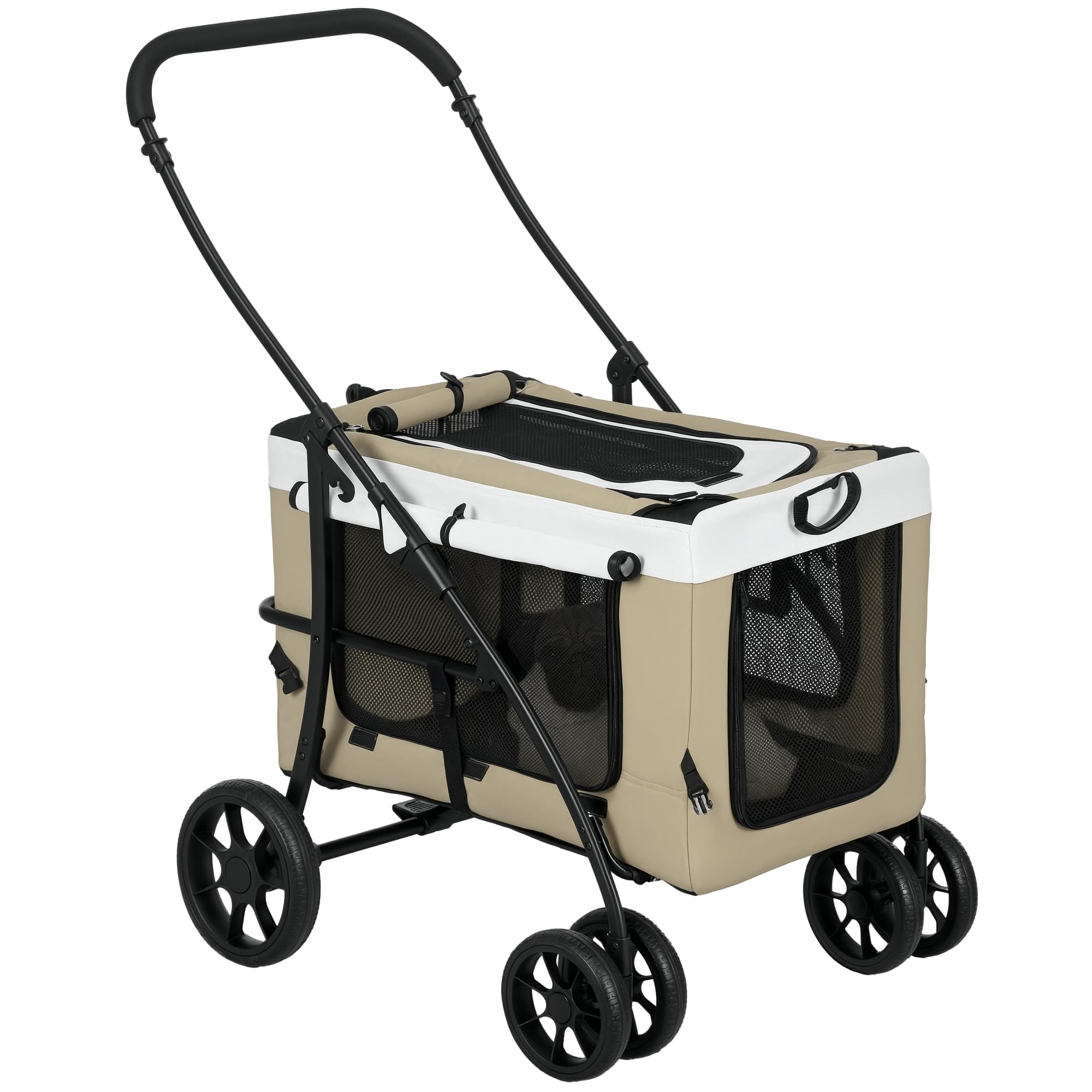 PawHut Passeggino pieghevole 2 in 1, per cani e gatti fino a 10 kg, con cuscino, finestre a rete, porte, cestino per gatti, passeggino per gatti, colore: cachi