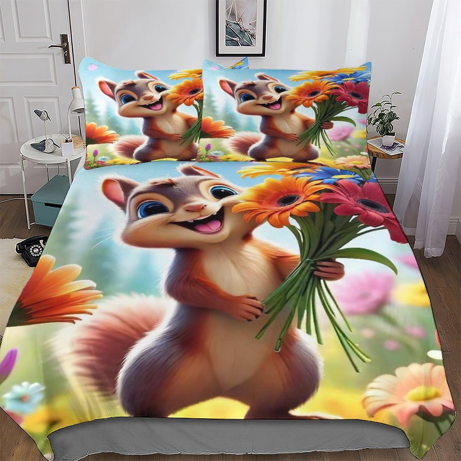 Parure de lit écureuil avec housse de couette 220x240 microfibre et taies 3 pièces