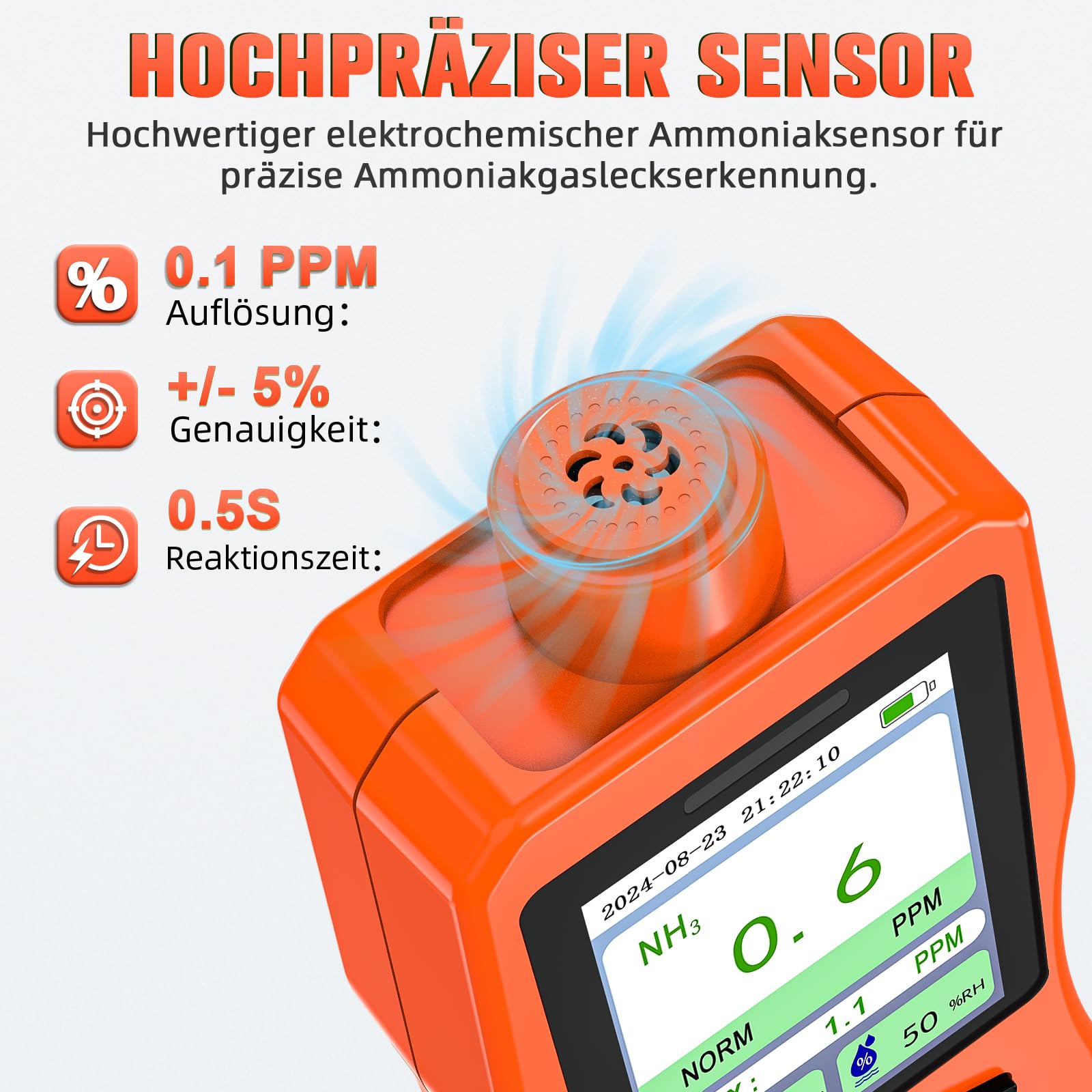 Tragbarer Ammoniak Gasmelder, 0-200 PPM Wiederaufladbarer Ammoniak Detektor, Digitales NH3 Luftqualitätsmessgerät mit Temperatur Feuchtigkeitstester für Stall, Geflügel, Schweine, Vieh, Orange