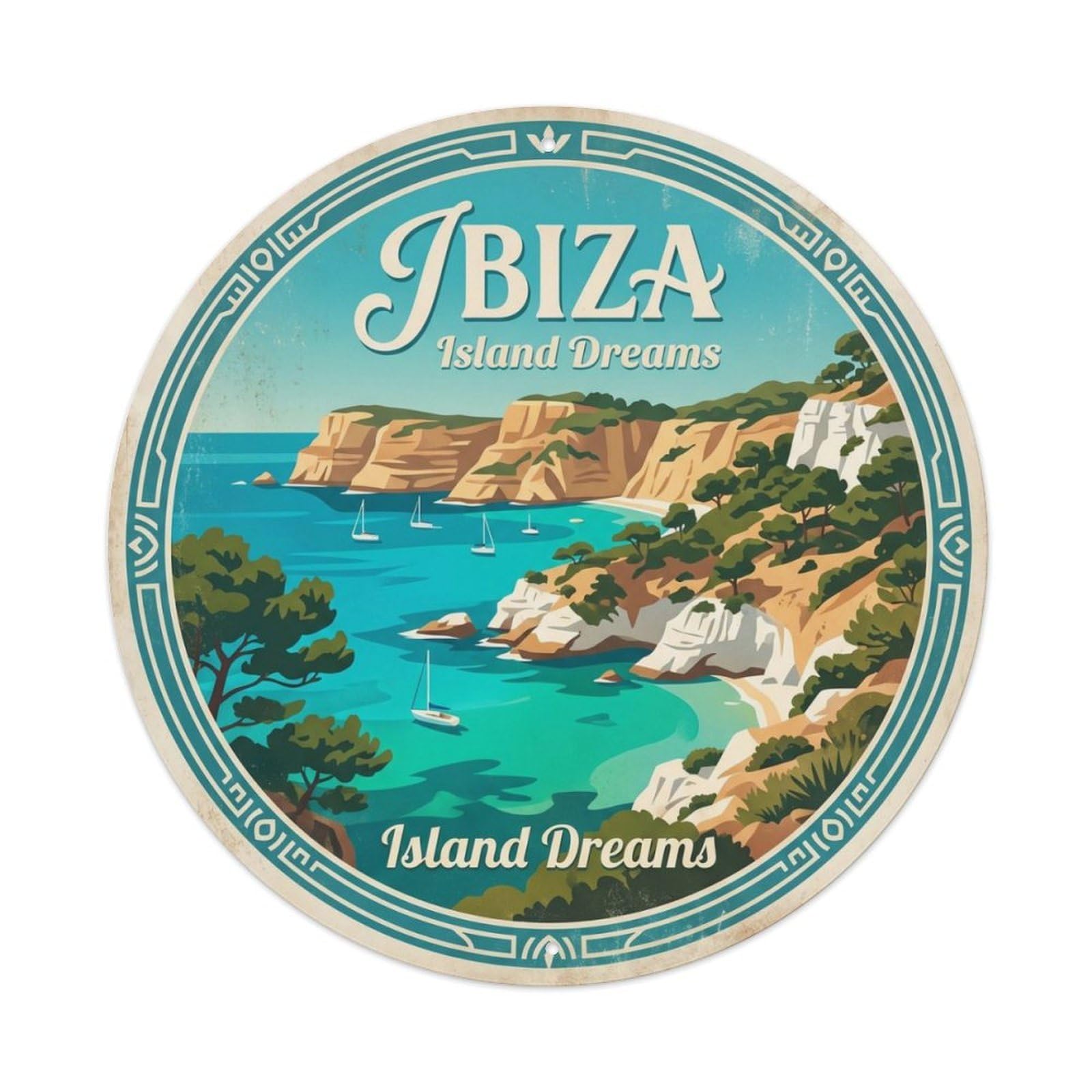 Vintage Travel Ibiza Coast Spain Metal Tin Sign Plaque Wall Decor for Cafe, Club, Garden Round Metal Poster 8x8Inch