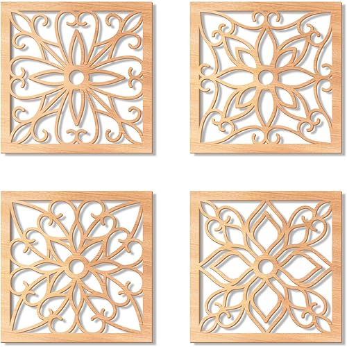 KOYILTD 4 piezas gruesas de decoración de pared rústica, arte de pared tallado con flores, diseño hueco de madera tallada (cuadrado, 10 pulgadas)