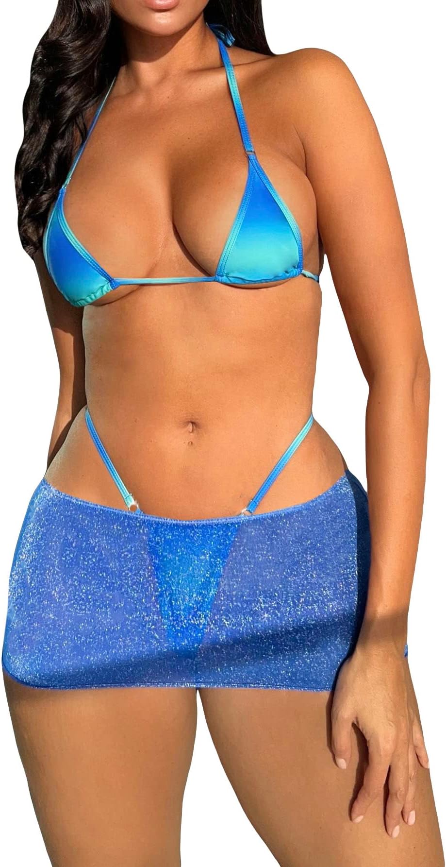 WDIRARAWomen's Micro Halter Cheeky 3 Piece Thong Bikini Set with Mesh Cover Up Skirt