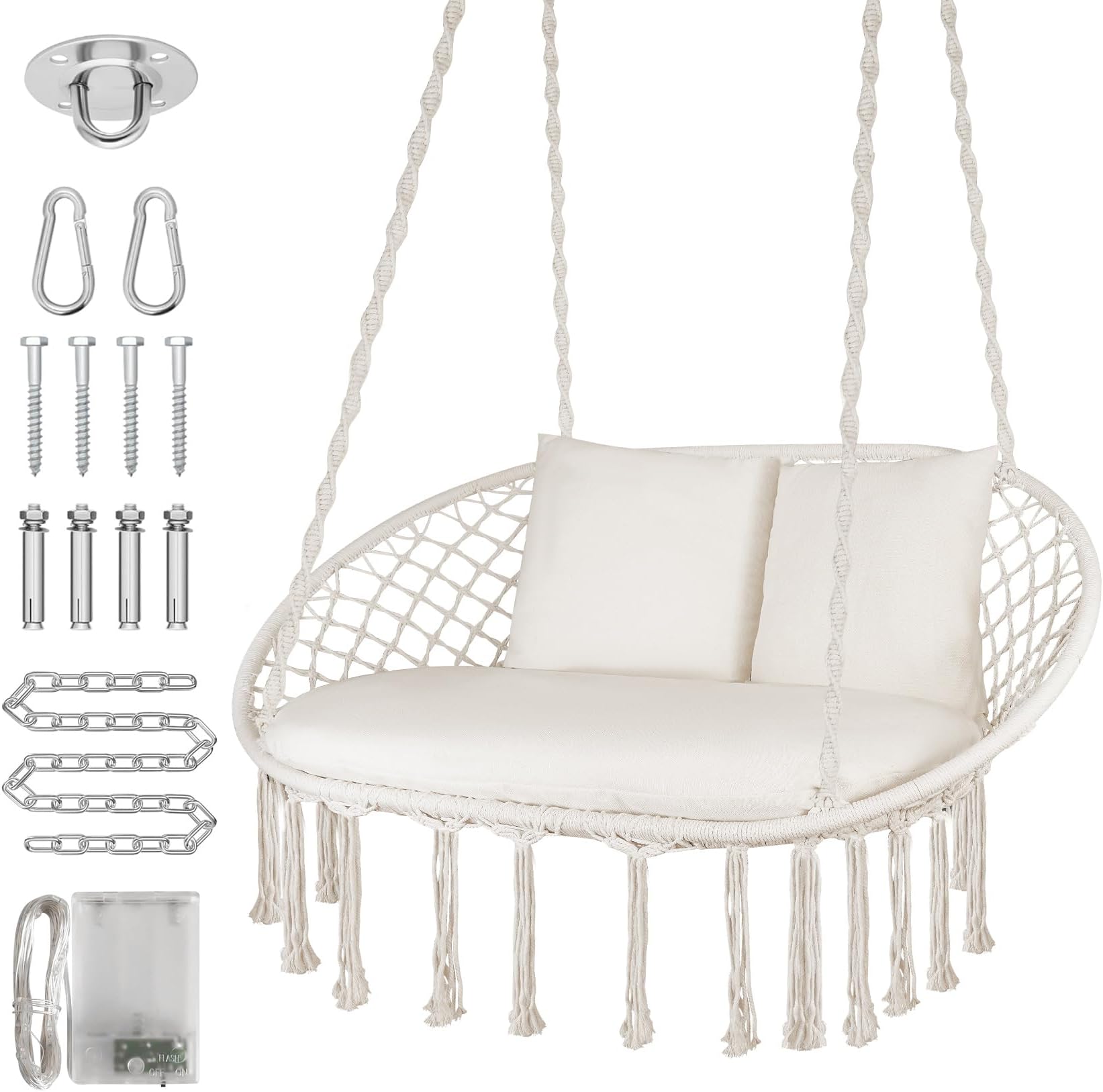 ZENPETIO Double Macrame Swing Chair, Large Hanging Swing Chair with 3 Cushions & Mounting Hardware, Handwoven Swing for Bedroom, Patio, Living Room etc. Indoor/Outdoor Relax, Max 700 Lbs, Beige
