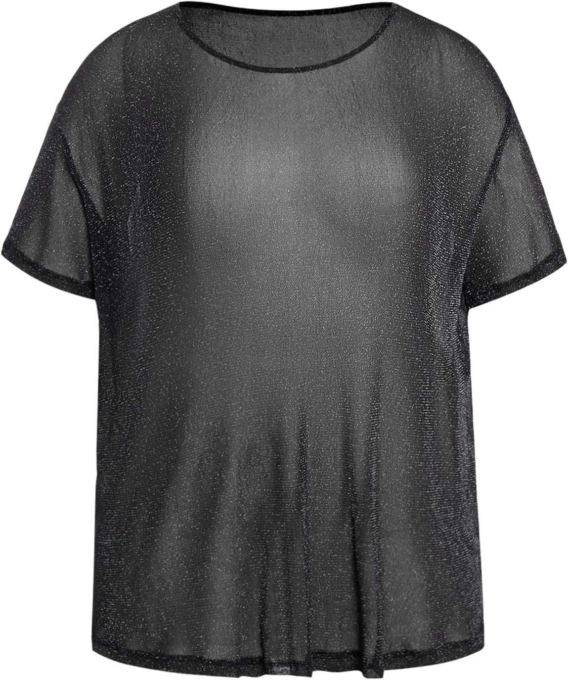 WDIRARA Women's Plus Size Y2K Drop Shoulder See Through Round Neck Short Sleeve Loose Mesh Dress