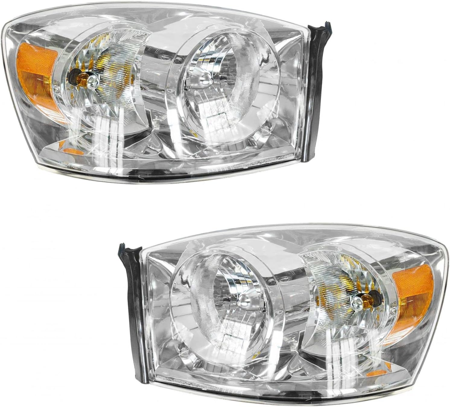 AM Autoparts Headlights Headlamps w/Chrome Bezel Pair Set for 06-08 Dodge Ram Pickup Truck
