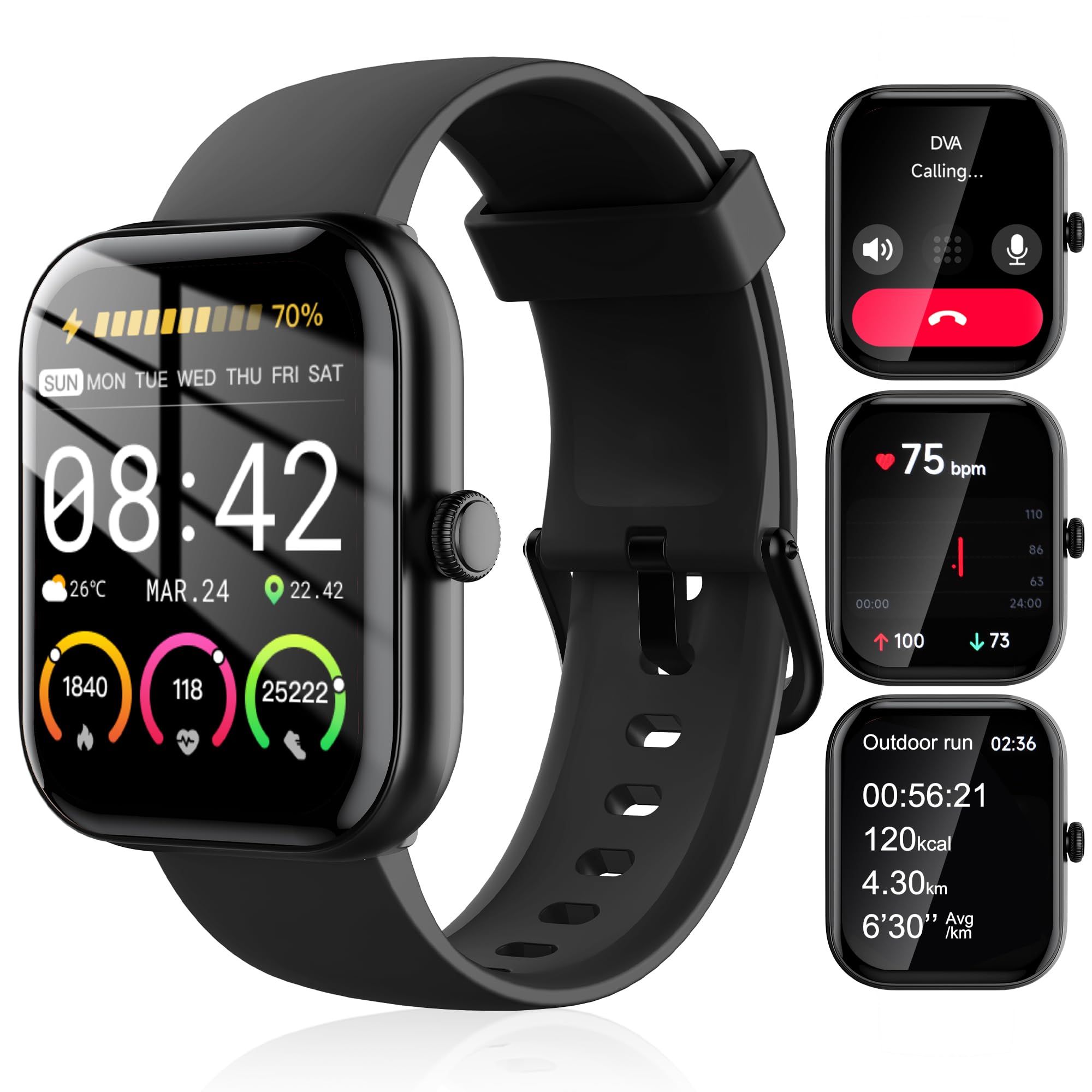 Smart Watch for Men Women, 100+ Sports Modes, Heart Rate/SpO2/Sleep Monitor, 1.91" Touch Screen, Bluetooth Calls, IP68 Waterproof Fitness Tracker, Alexa Built-in, iOS Android Compatible (Black)