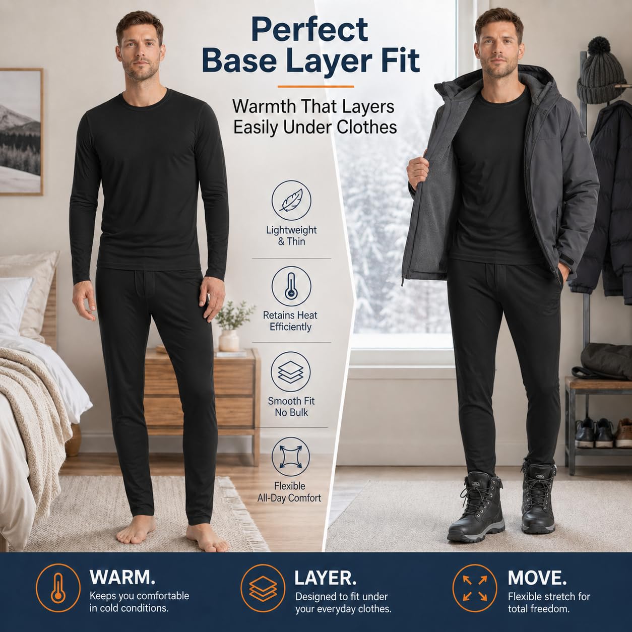 Ensemble sous-vêtements Thermiques Homme doublé Polaire léger Chaud Respirant Extensible Haut Manches Longues et Legging Hiver