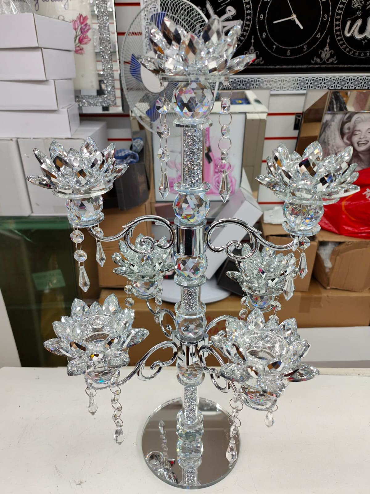 Biznest Crushed Diamond Candle Holder Silver Crystals Filled 7 Flower Tier Romany Lotus Sparkle Ornament Bling Crushed Diamond Gift Birthday Present Gift