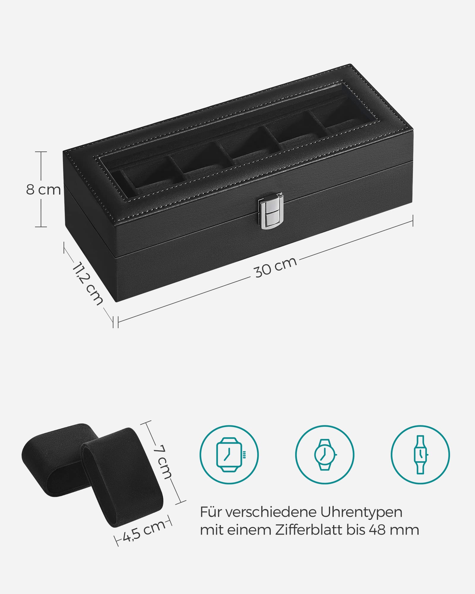 SONGMICS Uhrenbox mit 6 Fächern, Uhrenbox, Schatulle, Glasdeckel, abnehmbare Polster, Schloss aus Metall, schwarz beschichtet und Futter in Schwarz JWB06B01