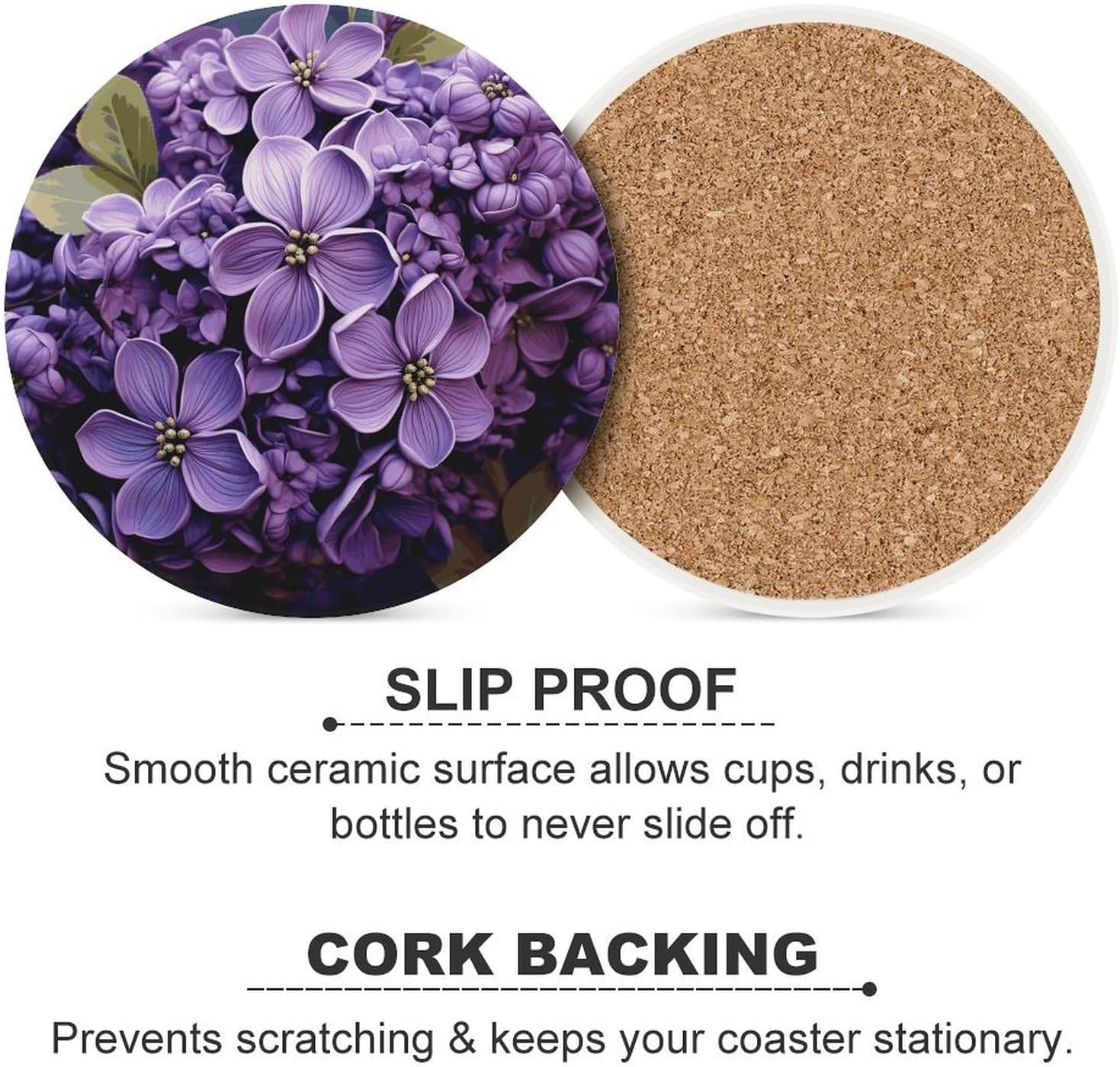 Purple Floral Coasters Round Coasters Set Ceramic Stone Coaster with Cork Base Coffee Cup Beverage Cup Mat Cute Funny Table Drinks Coaster for Mugs and Cups Office Kitchen