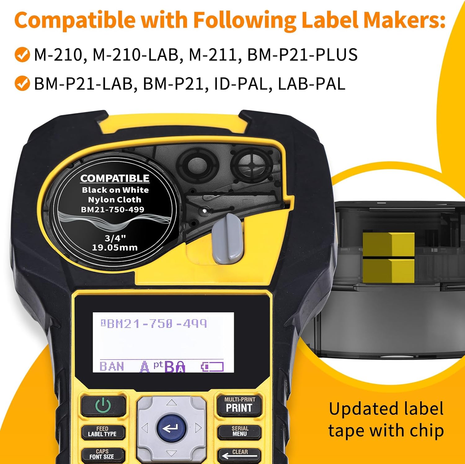 5-Pack Replacement for M21-750-499 Black on White Nylon Cloth 3/4 Inch Label Tape, for Panel, Wire and Cable, Work with M-210, M-210-LAB, M-211, B-MP21-PLUS, B-MP21-LAB Printer, 0.75 Inch, 19mm