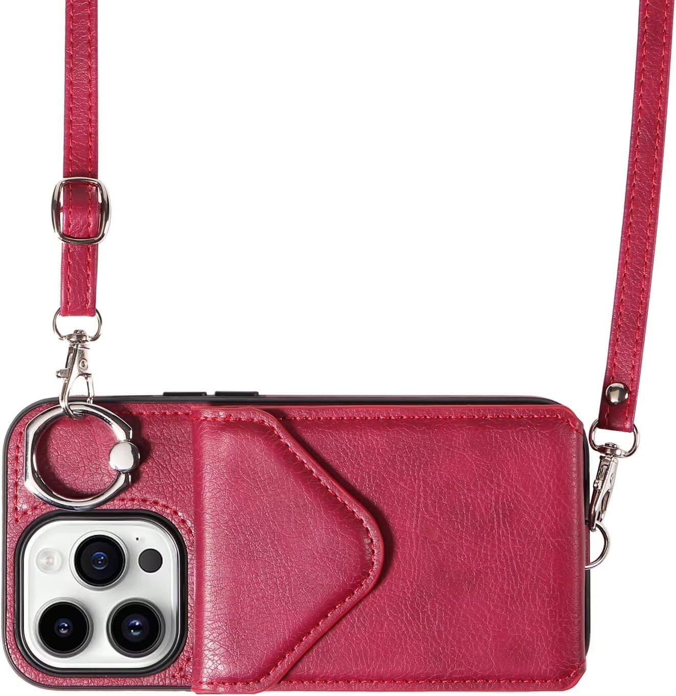 Compatible with iPhone 14 Pro Wallet Case, Premium PU Leather with 5 Card Slots Durable Ring Holder Phone Case with Strap, Ejector Pin & SIM Card Storage, Protective Shockproof Phone Cover Red
