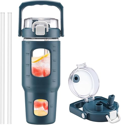 Miniatura 1 de BLUEGO Botella de agua de vidrio de 32 onzas con asa y popote, botella de vidrio deportiva a prueba de fugas con marcador de tiempo y funda de