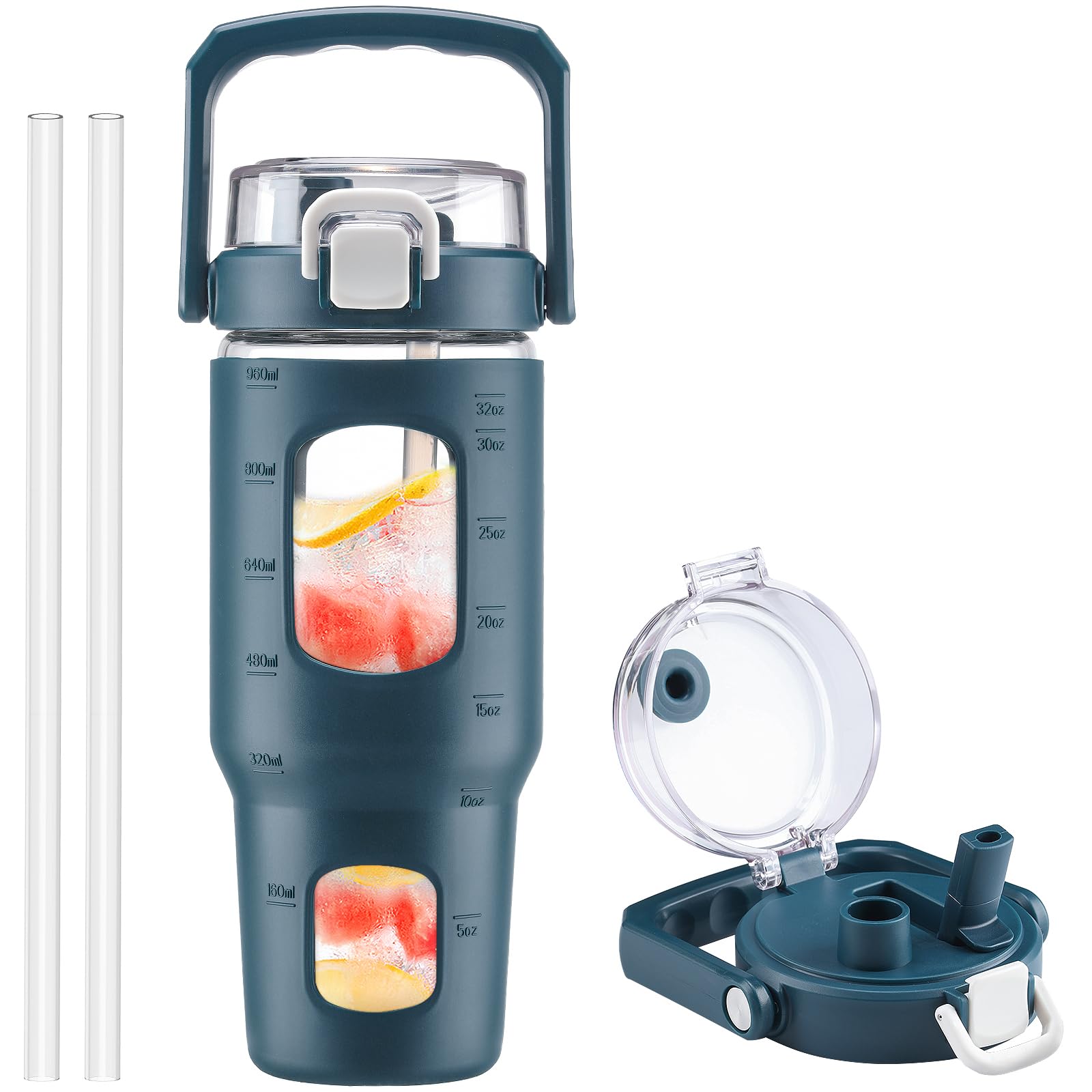 BLUEGO Bouteille d'eau en verre de 950 ml avec poignée et paille – Bouteille de sport étanche avec marqueur de temps et manchon en silicone – Bouteille en verre pour voyage, salle de sport,
