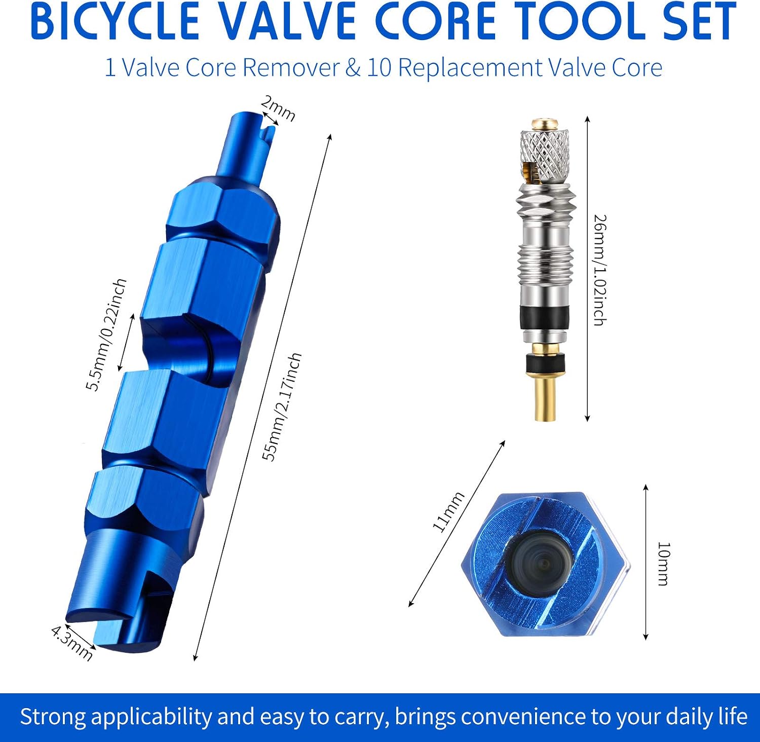 Valve Core Remover Tool Kit Blue Bicycle Valve Core Tightening Tool and 10 Pieces Valve Cores Brass for Bike Bicycle Tire Application