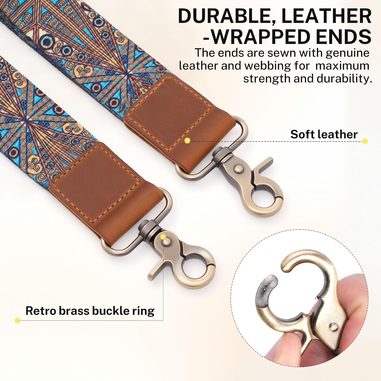 Adjustable Purse Strap,Bohemian style Crossbody Strap,2" Cowhide Head Wide Shoulder Strap Adjustable Replacement,With Two Heavy-Duty Hooks For Replacing On Backpacks,Laptop Bags,Etc. image 5