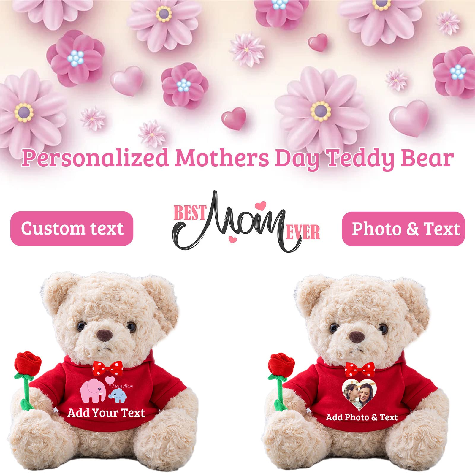 Personalized Teddy Bear With Photo & Text – White Plush, 8 Inch, Hoodie & Rose, Gift For Mom From Son/Daughter - View #3