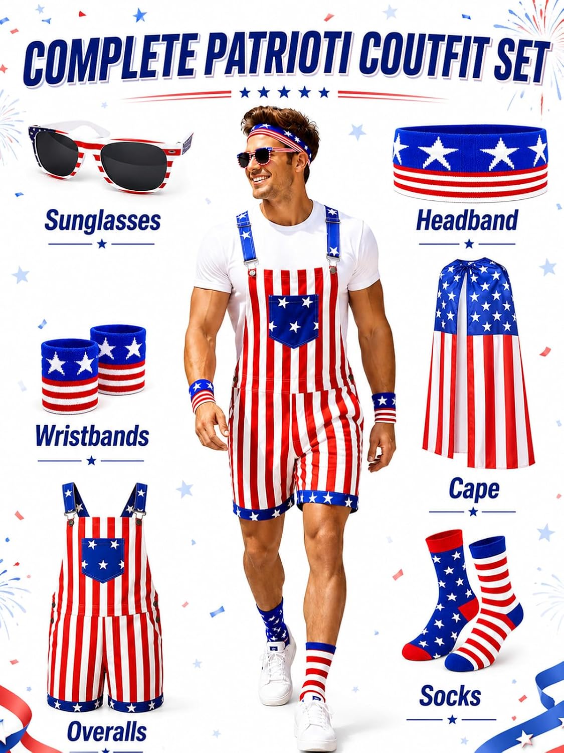 7-Piece American Flag Overalls Set for Men, Funny 4th of July Outfit | Adjustable fit, lightweight comfort and patriotic accessories for parades, parties, festivals and celebrations