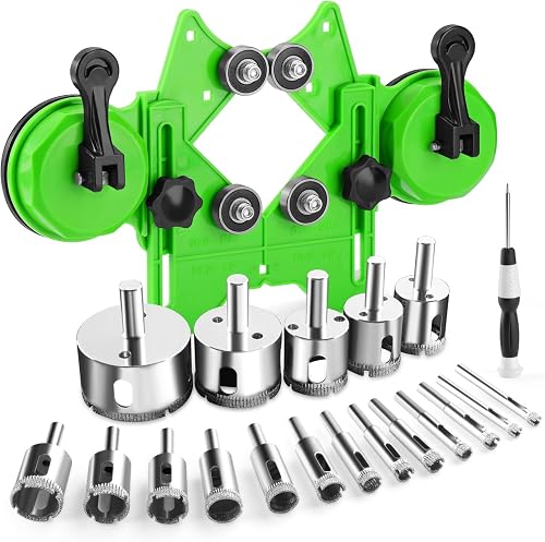 Diamond Hole Saw Kit, 18 PCS Tile Hole Saw Kit with Double Suction Cup Guide, 6-50 mm Dry/Wet Drill Bits Set for Ceramic, Glass, Porcelain, Marble, Granite