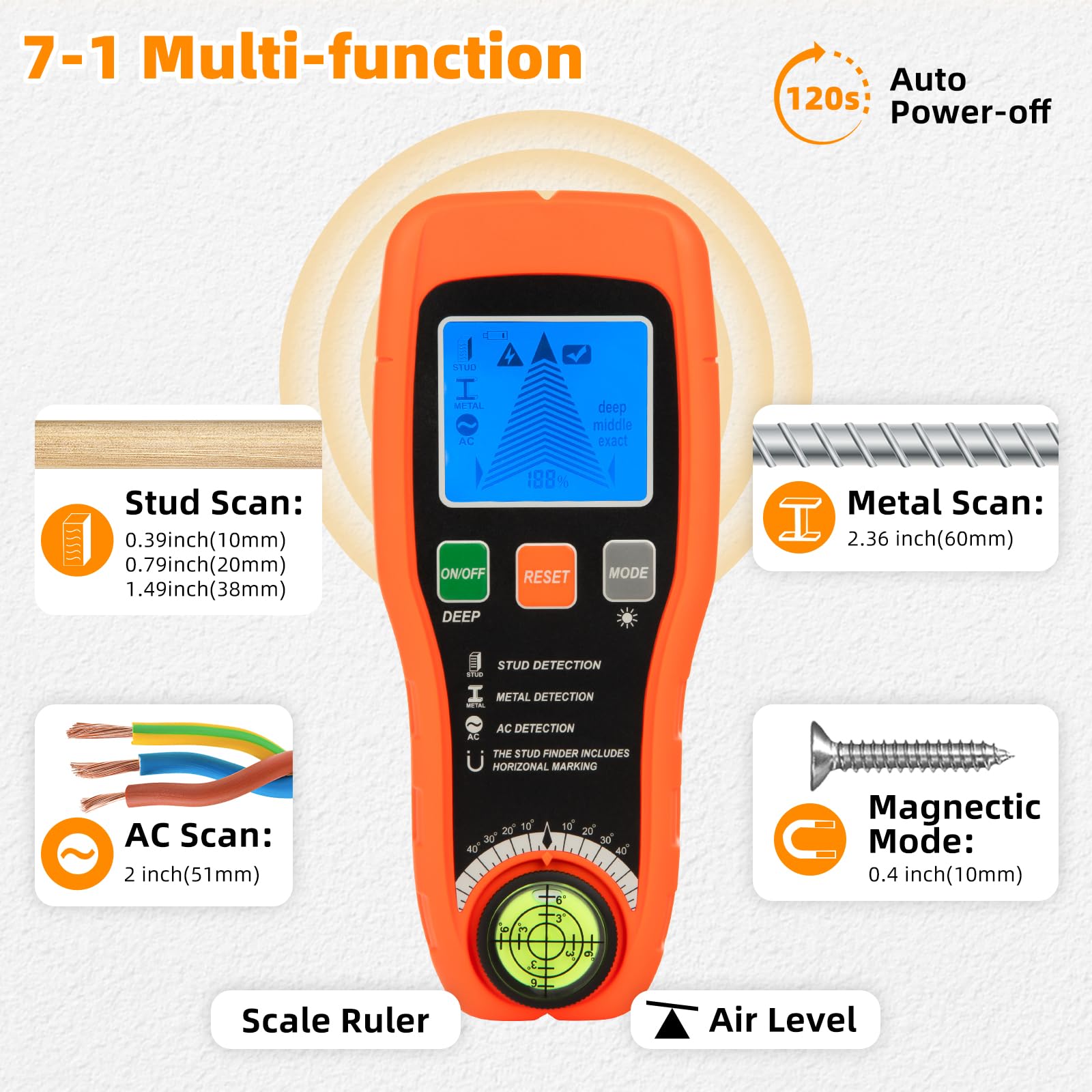 Detector De Tubos Y Cables, Detector Digital De Cables Y Metales Con Pantalla LCD, Detector De Cable De Corriente Alterna, Vigas De Madera, Tuberías, Clavos Y Nivel De Burbuja (negro-naranja)