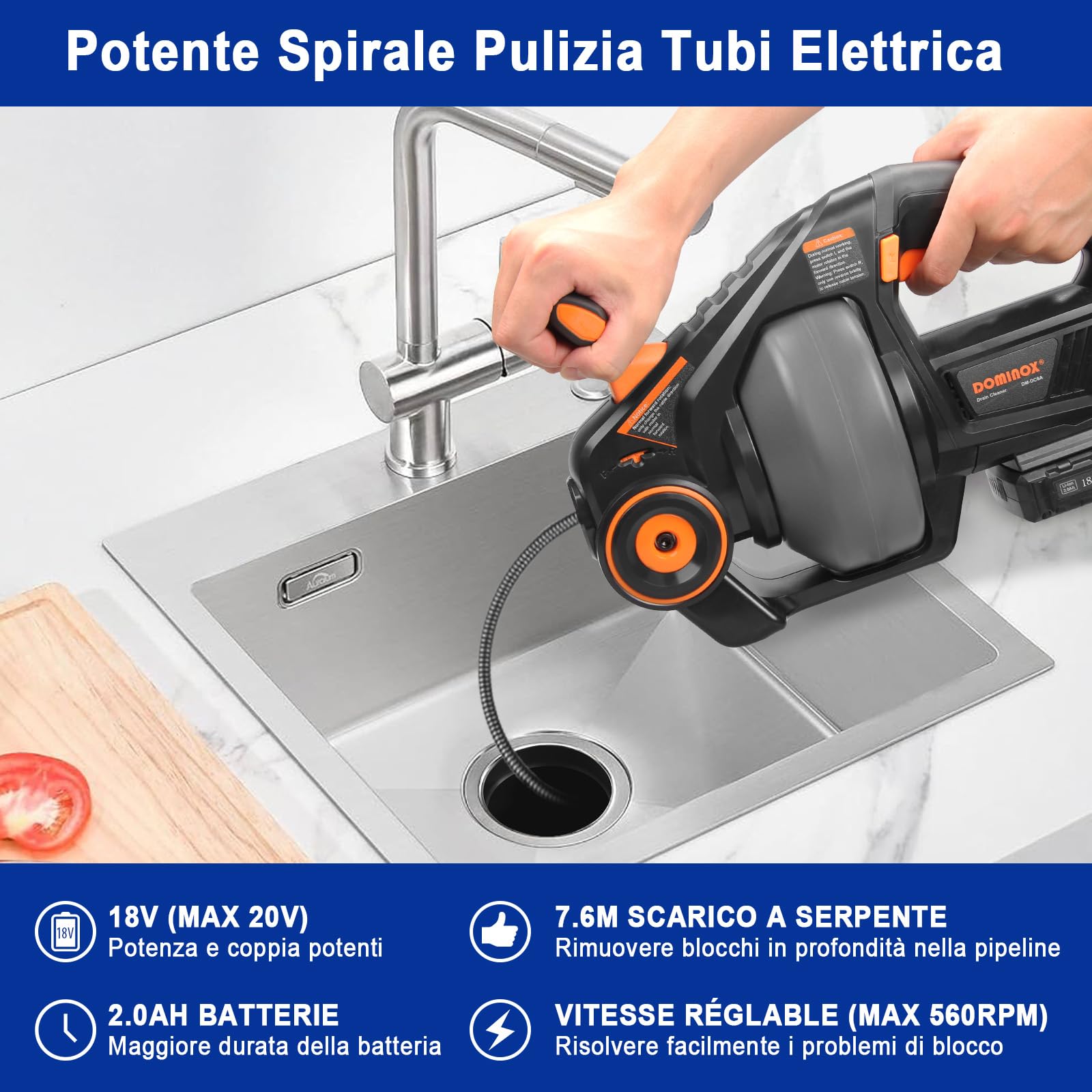 7,6M Trivella di Scarico Elettrica, 18V (Max 20V) Pulitore di scarico senza fili per WC, Fogna, Bagno, Lavello, Tubo 1,9-5CM