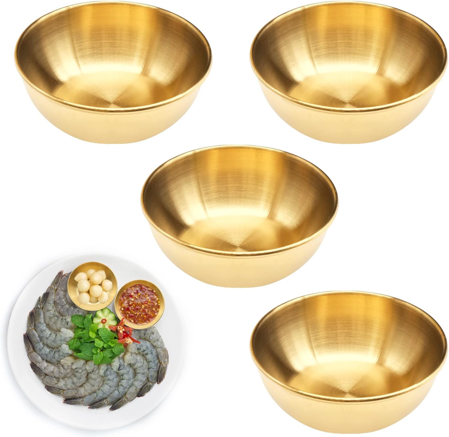 4 PCS Gold Sauce Dip Bowls, Stainless Steel Seasoning Dish, Small Sushi Dipping Bowls, 3.2 inch Round Appetizer Plates