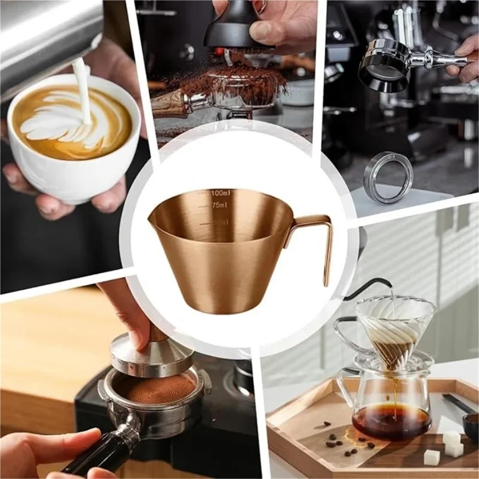 Taza medidora de café expreso acero inoxidable, 2 uds., 100ml, con mango, boquilla for espumar leche, herramienta Barista for Cocina Para Espumar(Silvery)