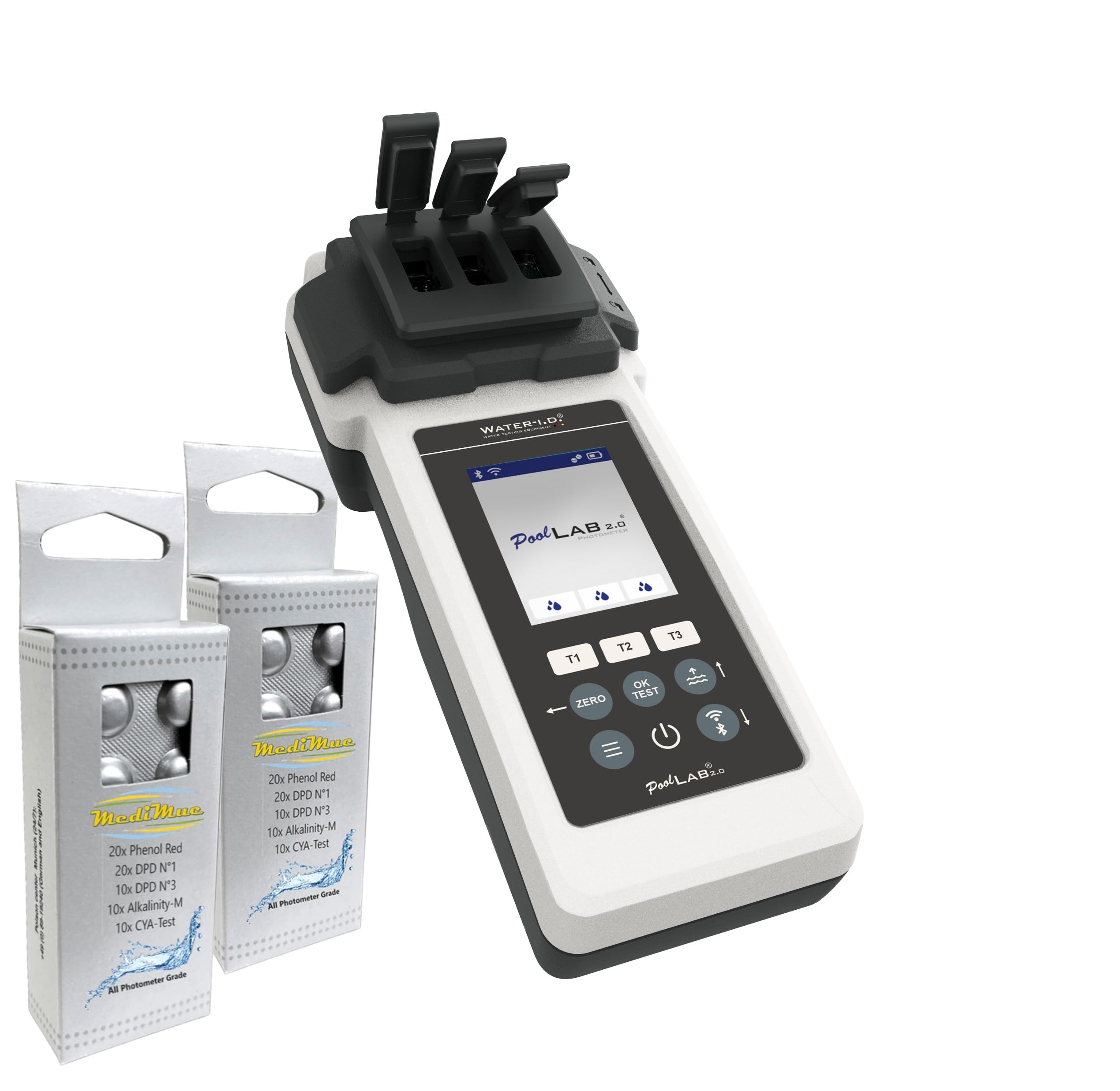 Water-i.d. WATER TESTING EQUIPMENT PoolLab 2.0 con 70 pastillas de reactivo - Edición especial para MediMuc - 24 parámetros - Aplicación - Software - Medición de hasta 3 parámetros en una prueba (2.0
