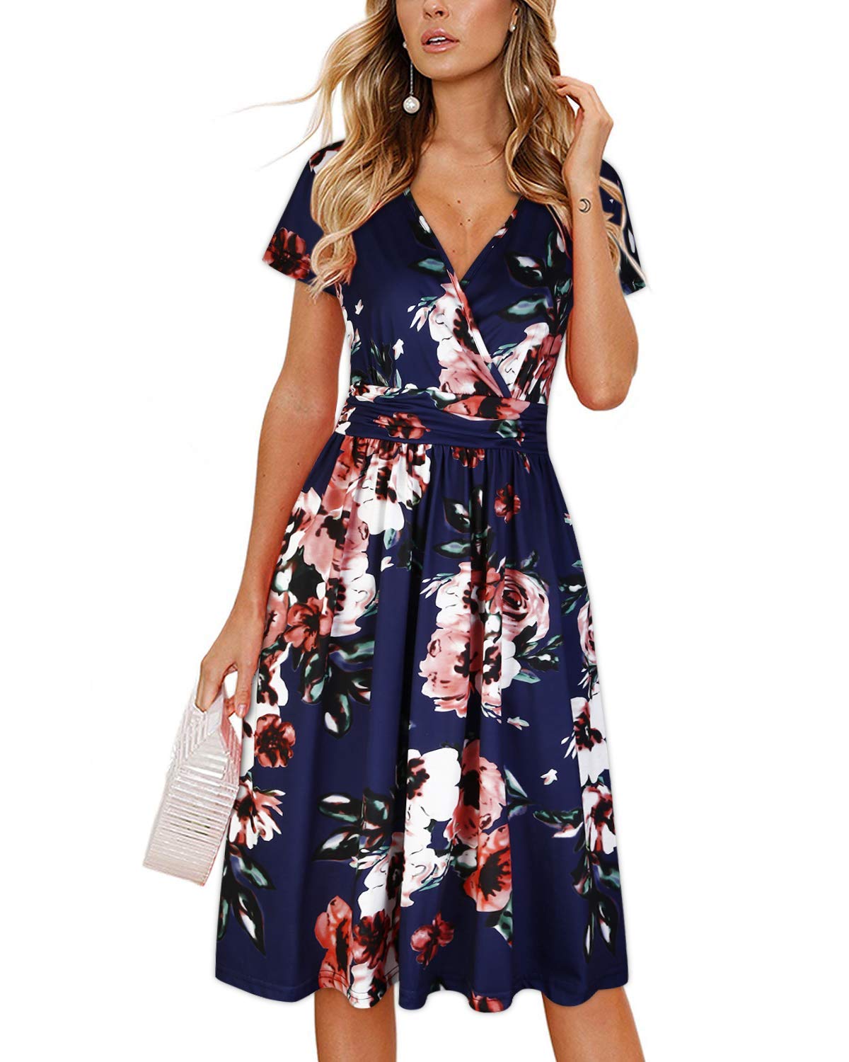 Women's Summer Midi Dress V-Neck Long/Short Sleeve Floral Ladies Fall Dress with Pockets