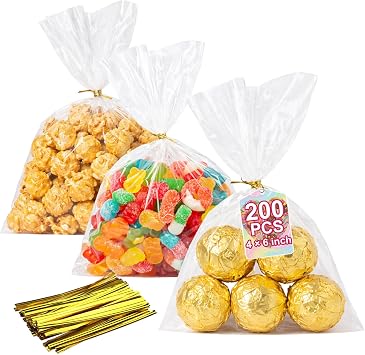 Bonison 200 Pack Tiny Clear Treat Bags 4x6 Inch Flat with 200 Gold Twist Ties, Mini Cellophane Candy Bags for Chocolates, Small Cookies, Party Favors, Classroom Exchange, Baking & Gift Packaging