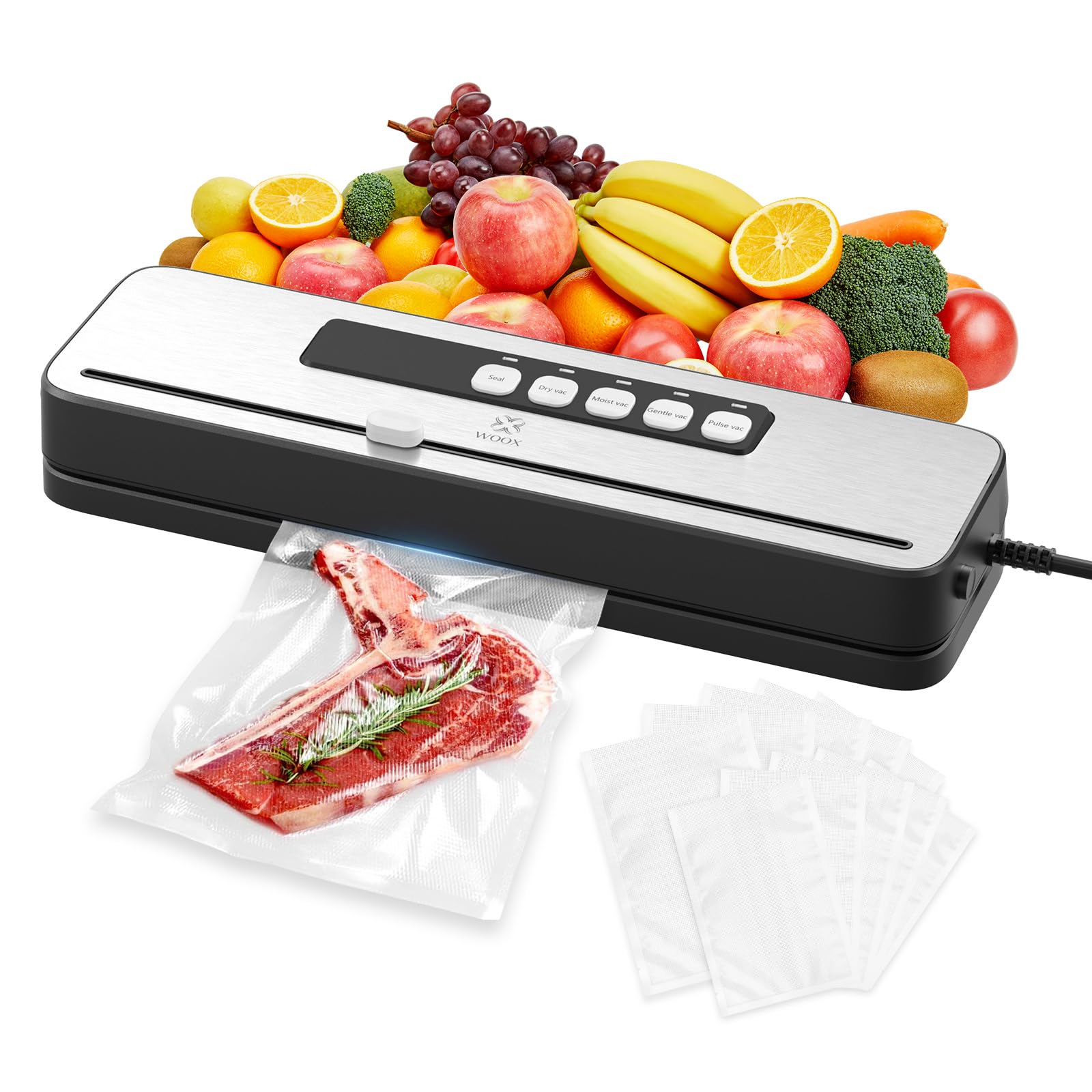 WOOX Envasadora al Vacío, Máquina Envasadora al Vacio Domestica Rápida y Compacta, Incluye 10 Bolsas, Alta Velocidad de Trabajo Continuo, para la conservación de alimentos secos y húmedos